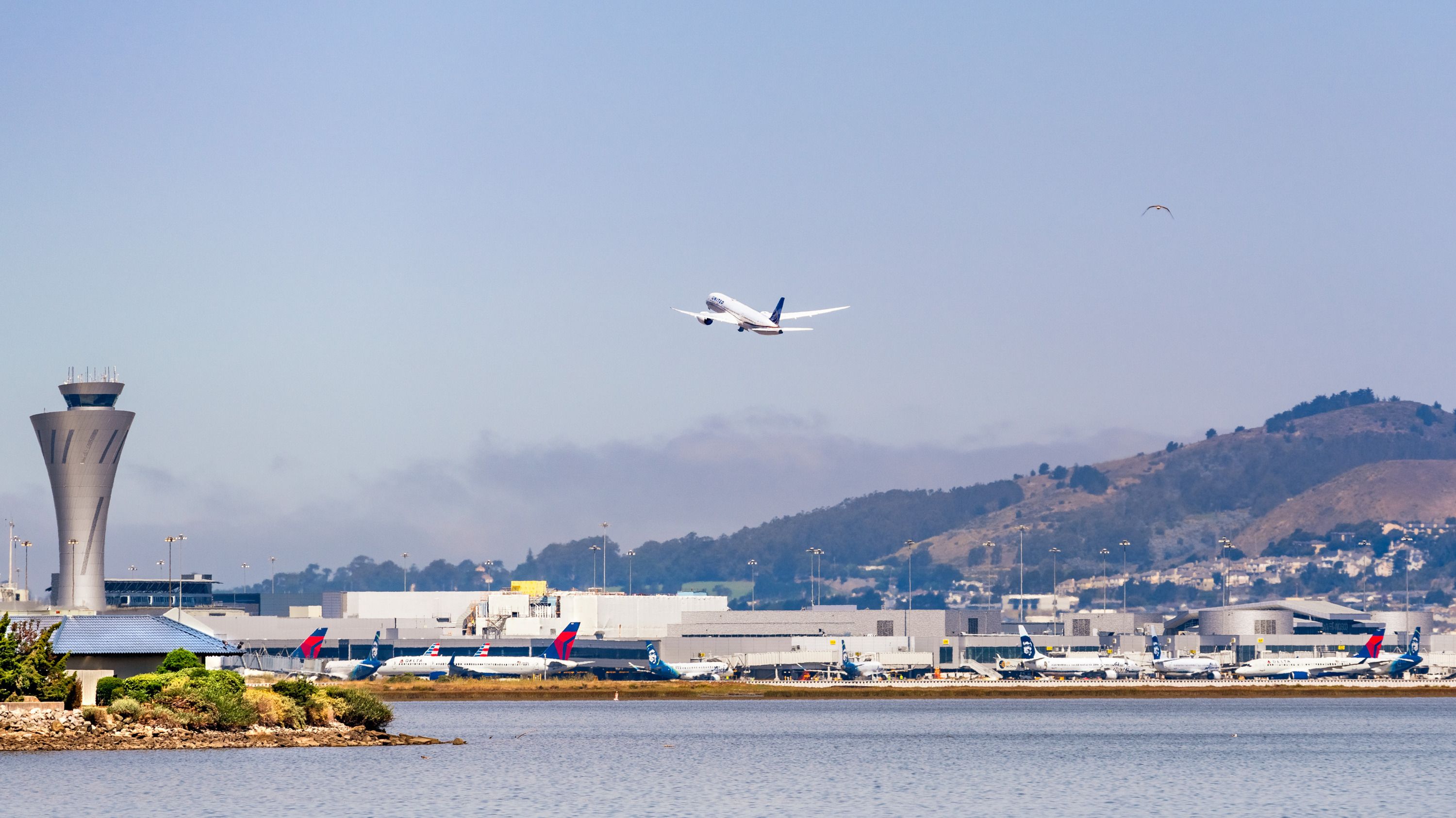  San Francisco International Airport (SFO) located on the San Francisco Bay shore; Airplanes stationed on the tarmac and a United Airlines aircraft taking off;