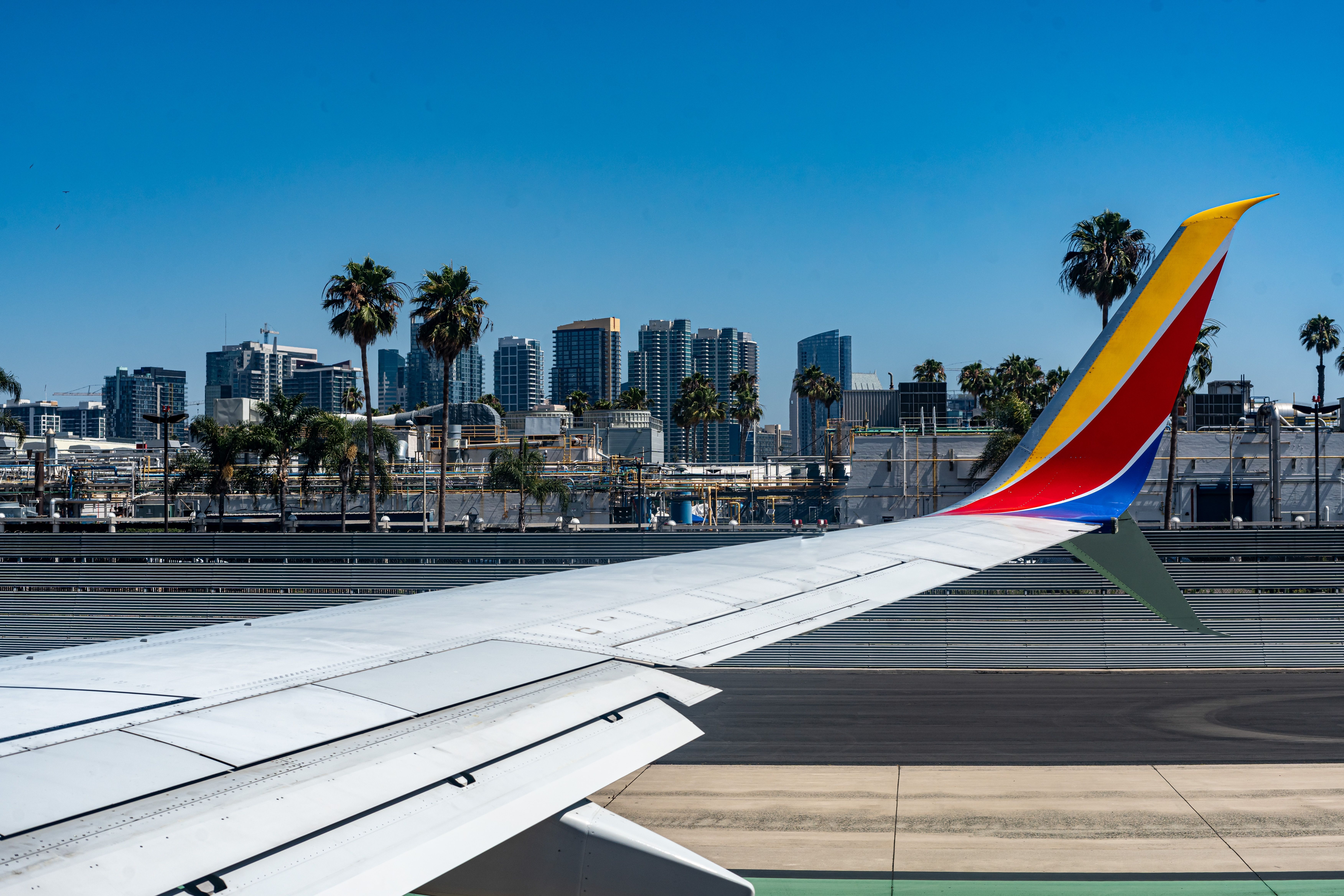 Southwest Airlines wing view at San Diego International Airport.