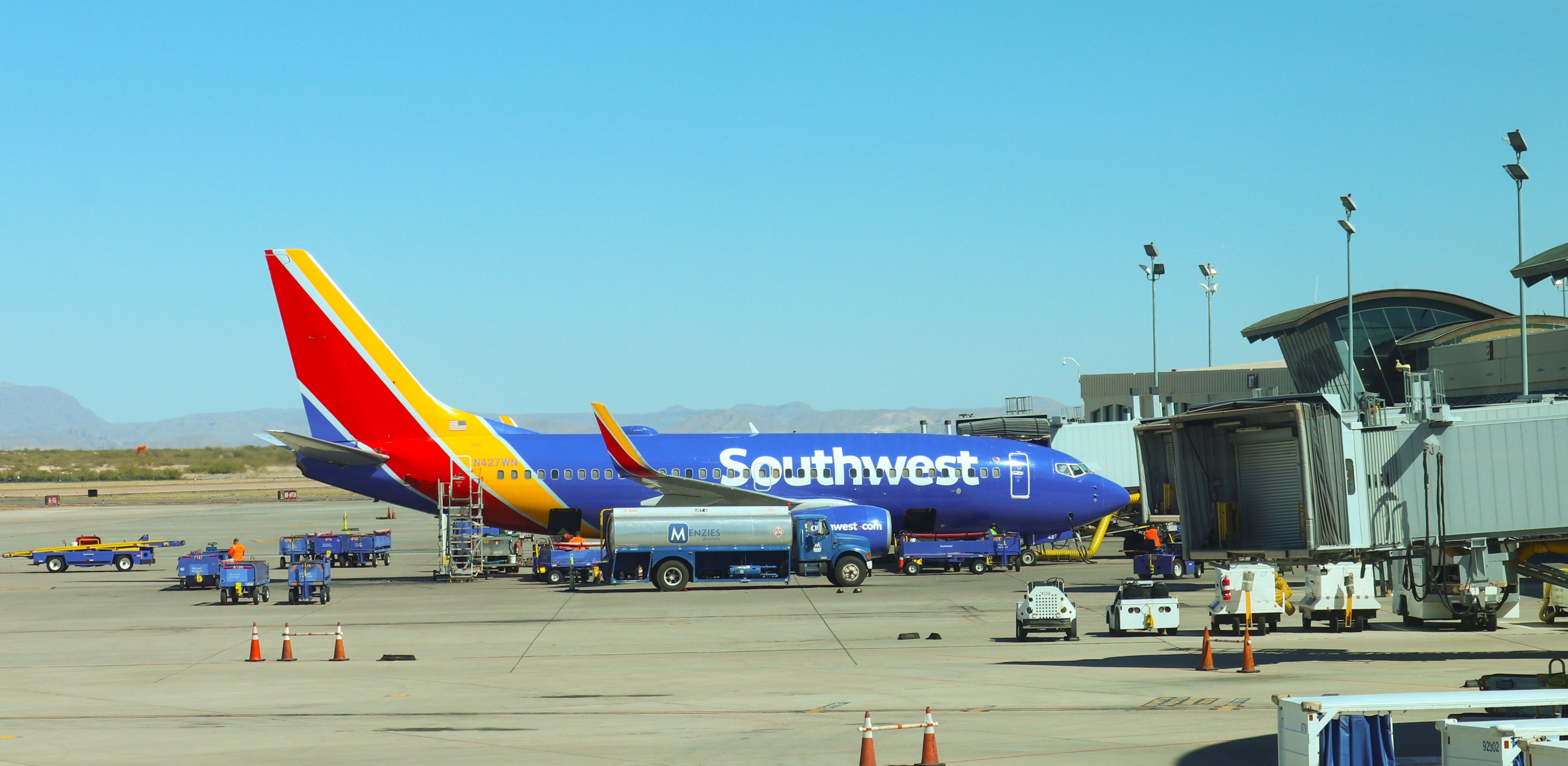 EL PASO, TEXAS, USA - OCTOBER 13, 2023: Southwest Airlines 737 being loaded for a flight at El Paso International Airport.