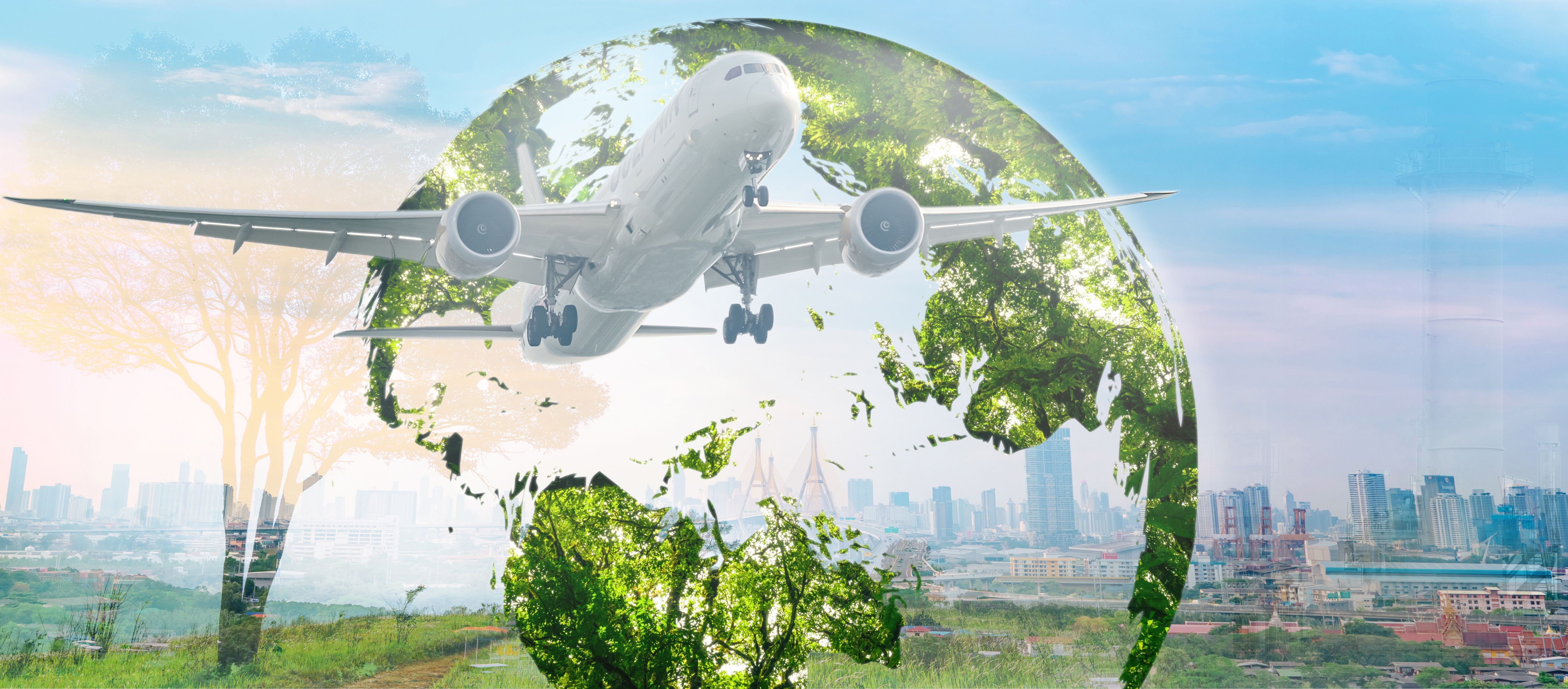 Sustainable aviation fuel concept. Net zero emissions flight. Sustainability transportation. Eco-friendly aviation fuel. Air travel. Future of flight with green innovation. Airplane use biofuel energy