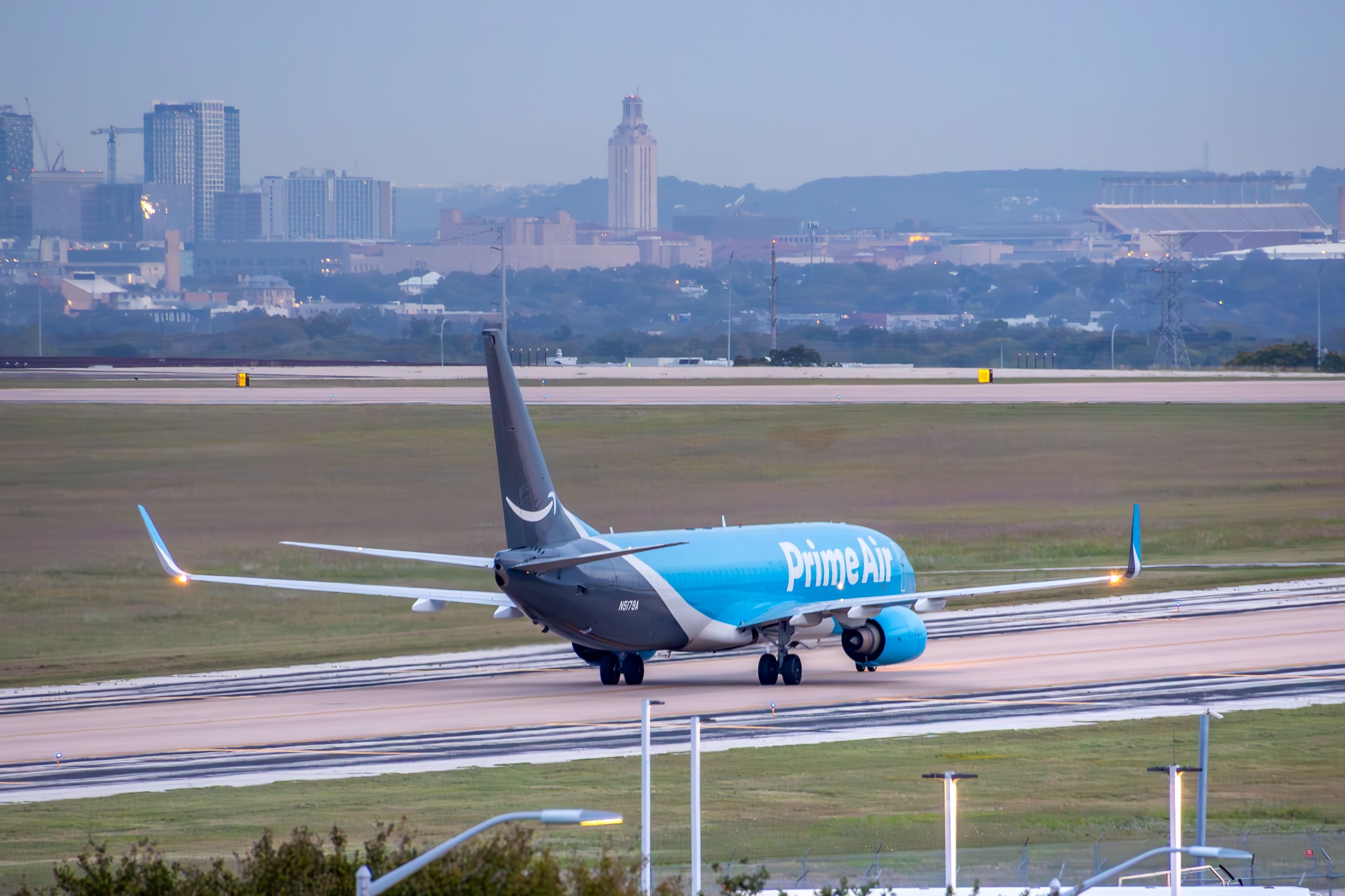 Amazon Air (Prime Air) Boeing 737-800BCF operated by Sun Country Airlines at Austin-Bergstrom International Airport.