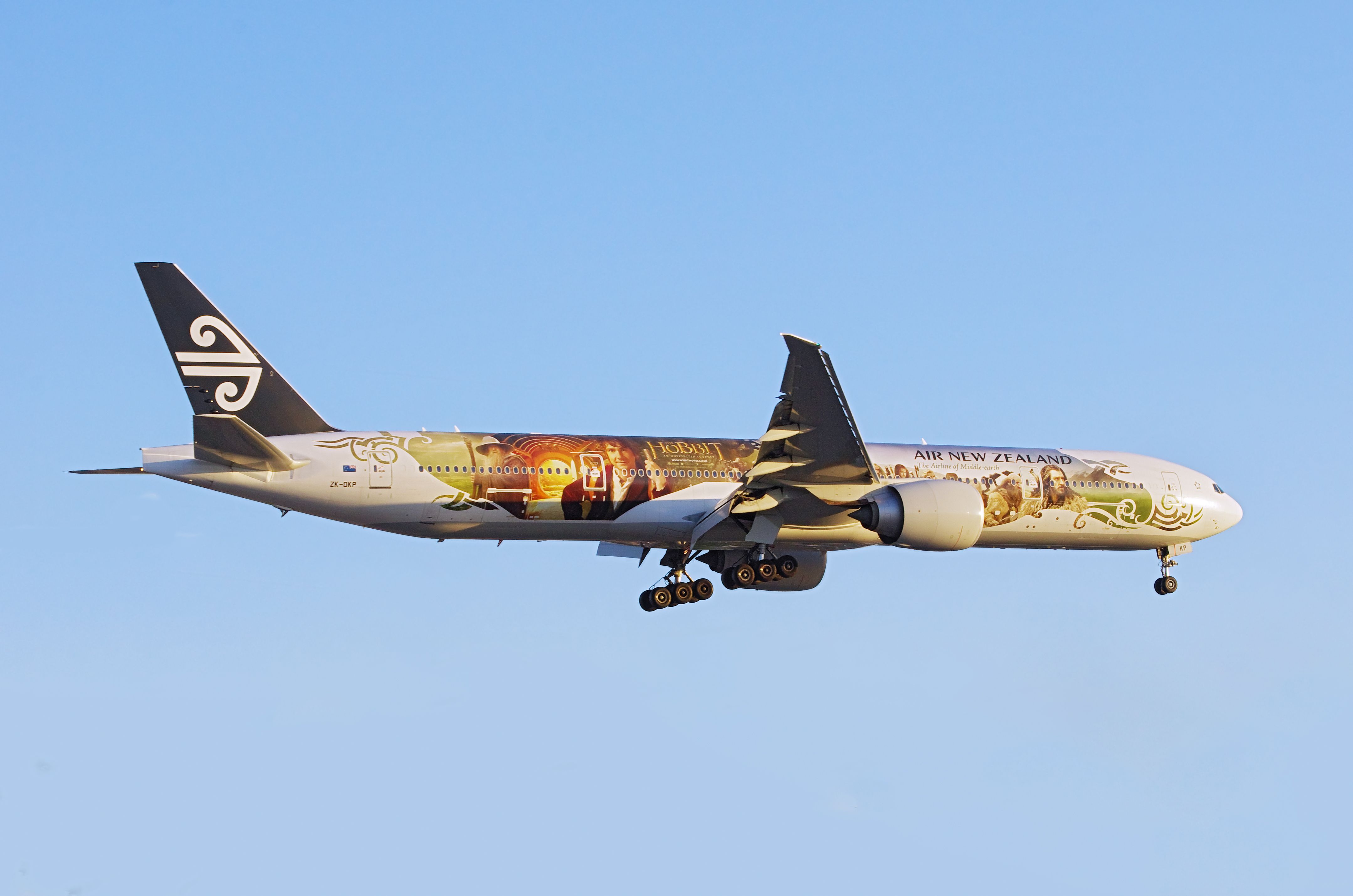 LOS ANGELES, CA/USA - JULY 25 2015: Air New Zealand Boeing 777 (registration ZK-OKP) with Hobbit movie livery shown shortly before landing at the Los Angeles World Airport (LAX) in late afternoon.
