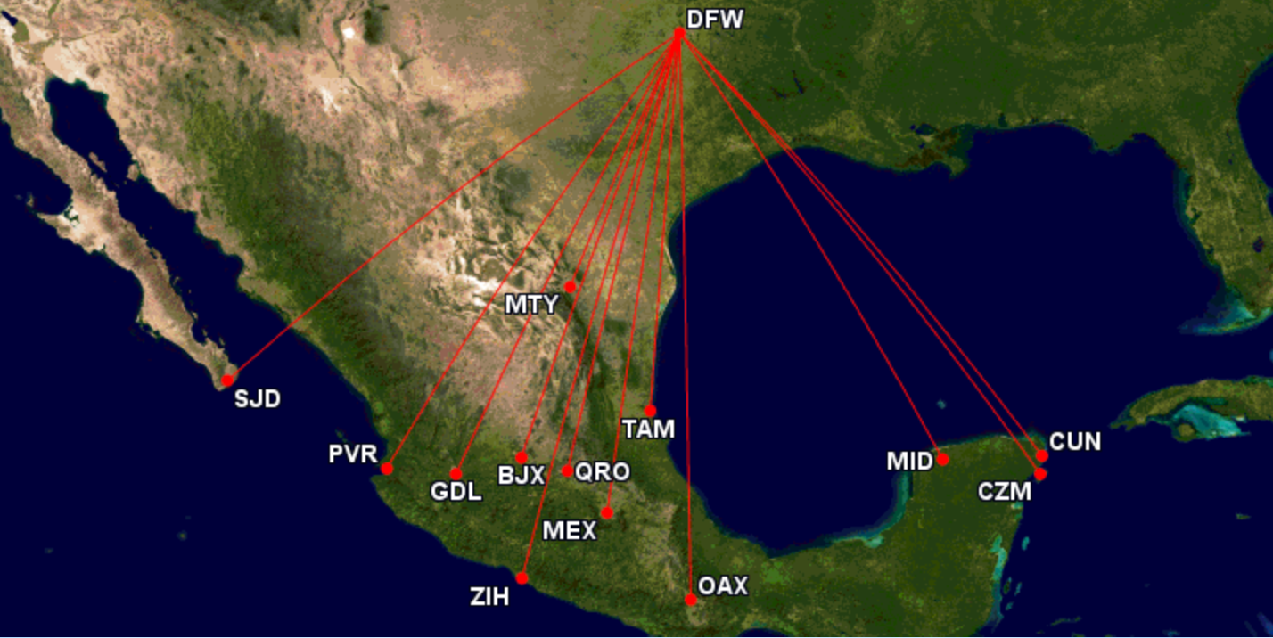 American Airlines and Finnair codeshare agreement network from DFW to Mexico