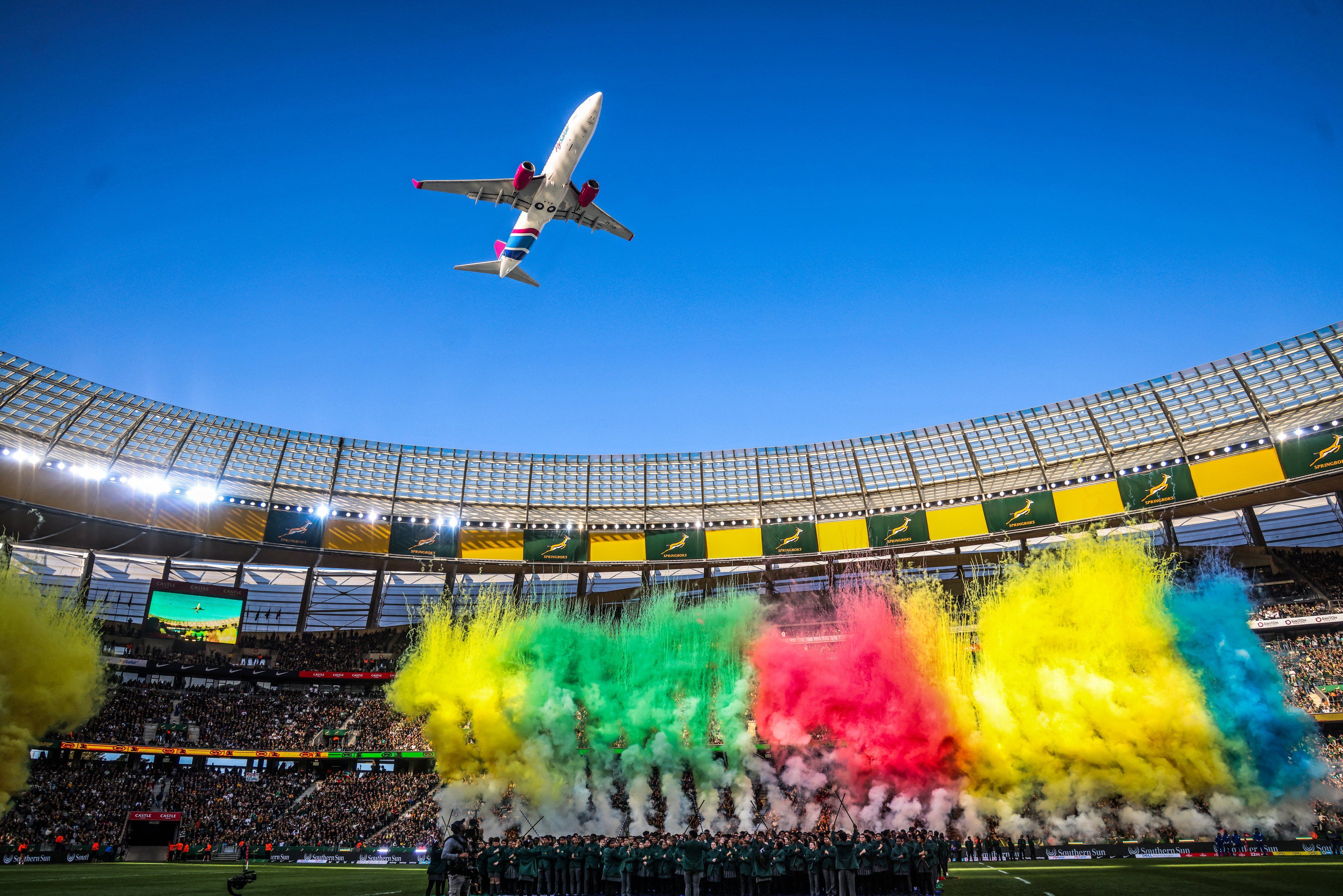 FlySafair Boeing 737 over stadium