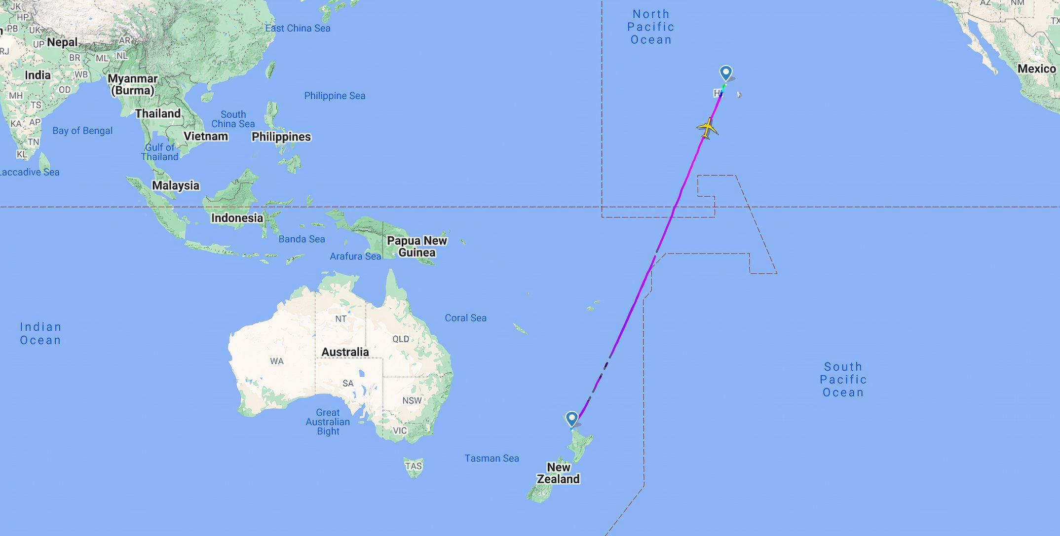 Hawaiian Airlines Auckland to Honolulu A330 flightpath