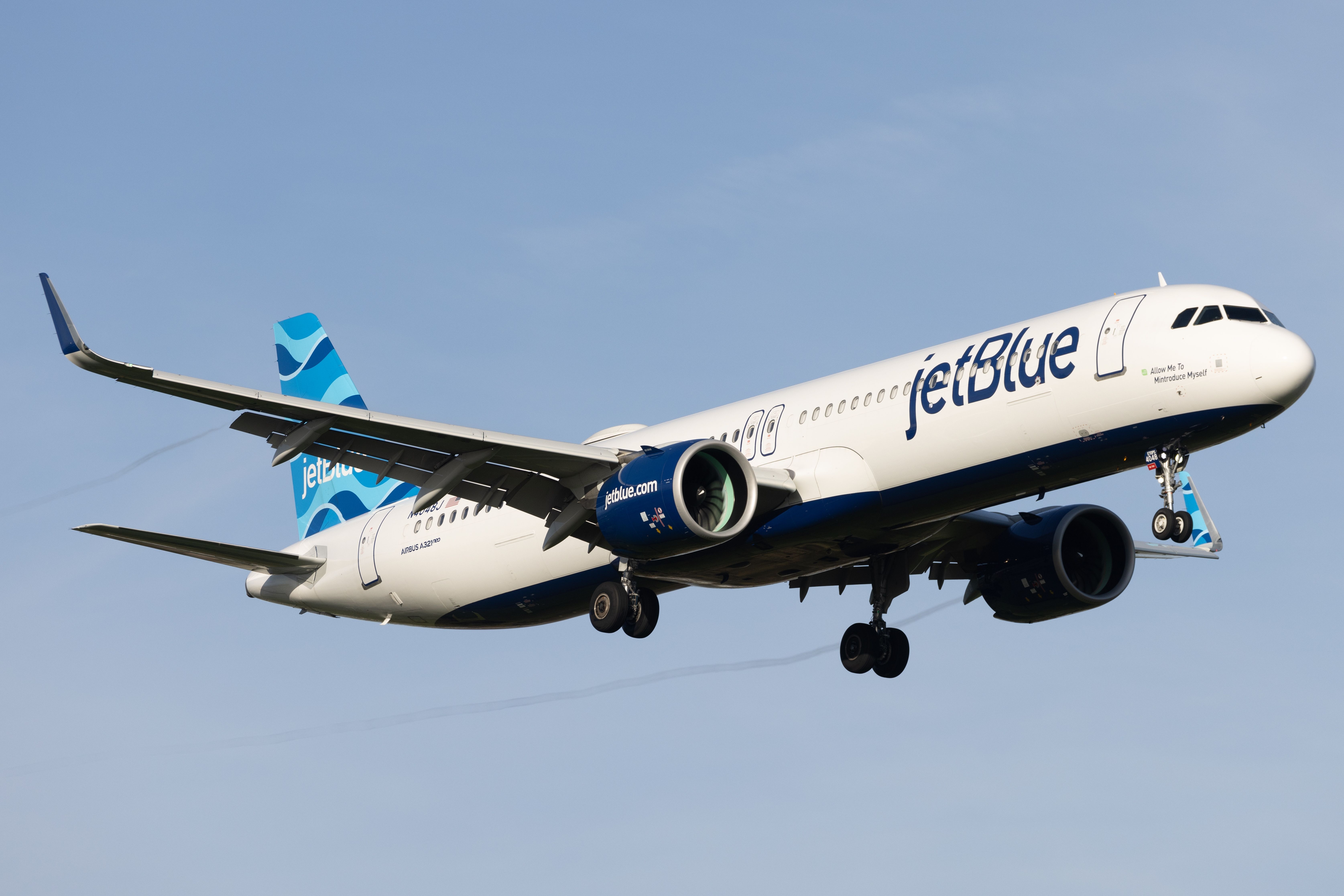 JetBlue Airbus A321neo landing at London Heathrow Airport LHR shutterstock_2368779097