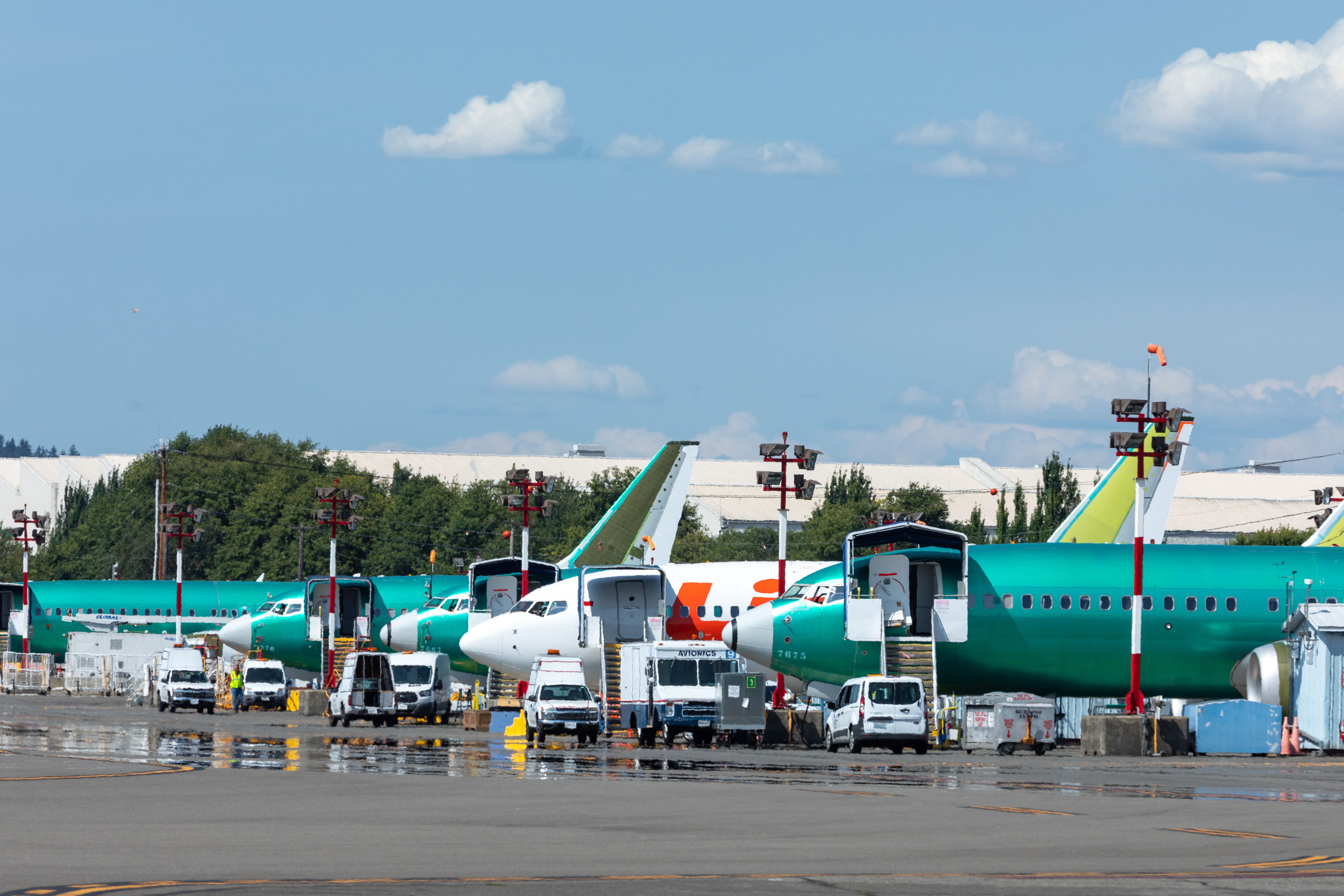 Row of almost finished Boeing 737 MAX aircraft in Renton, Washington shutterstock_1467931610