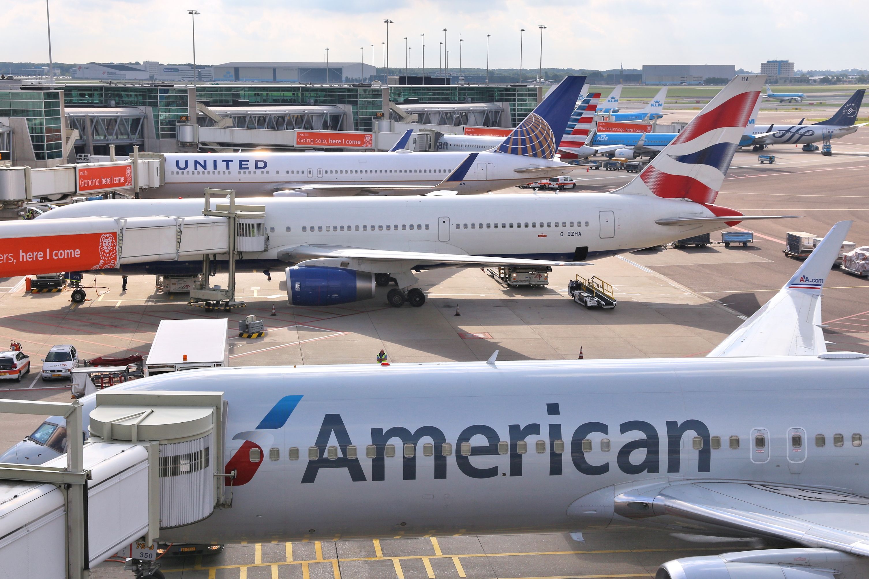 An American Airlines plane in front of British Airways, United Airlines, KLM and the SkyTeam livery at Amsterdam AIrport