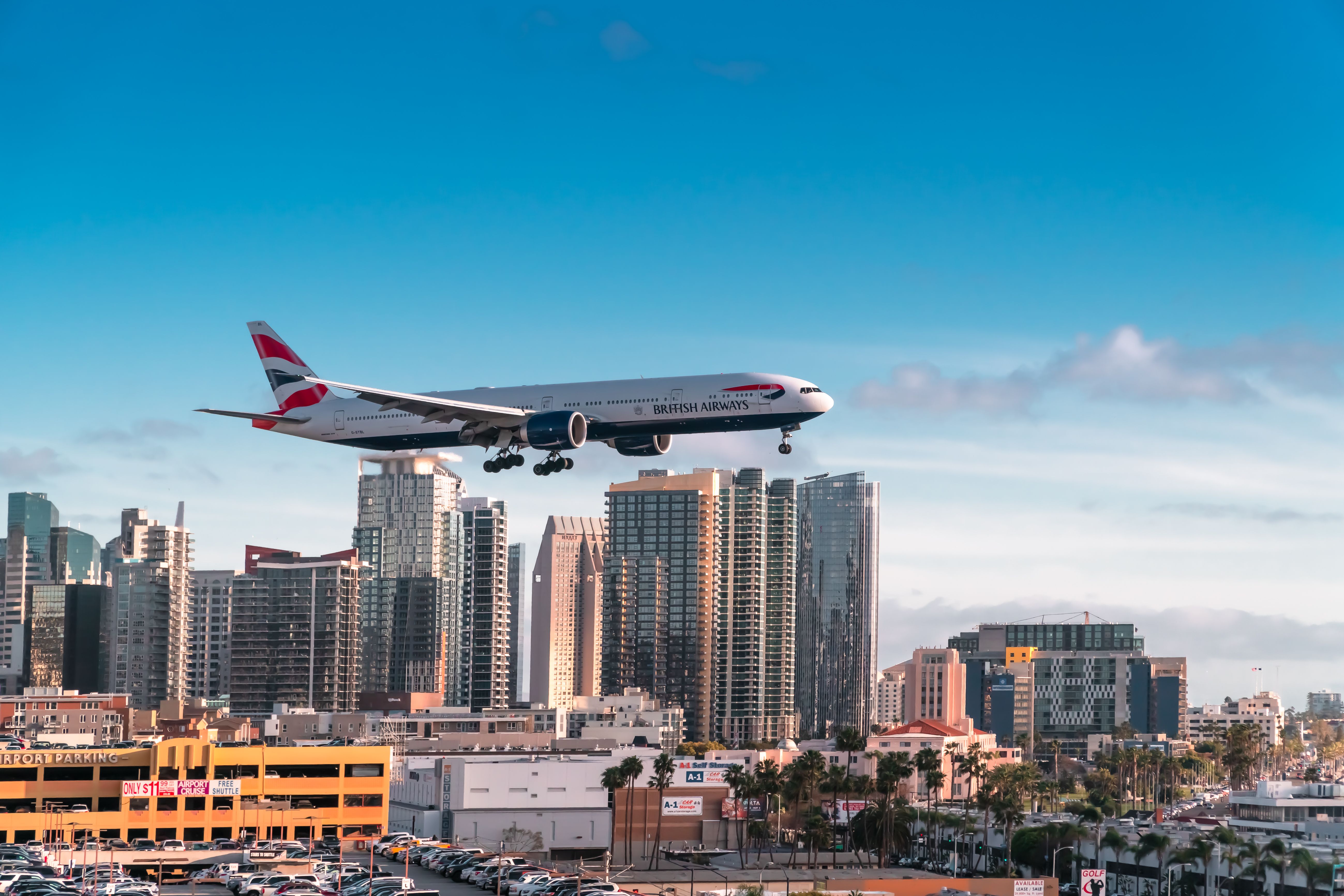 British Airways Boeing 777-300ER landing at San Diego International Airport.