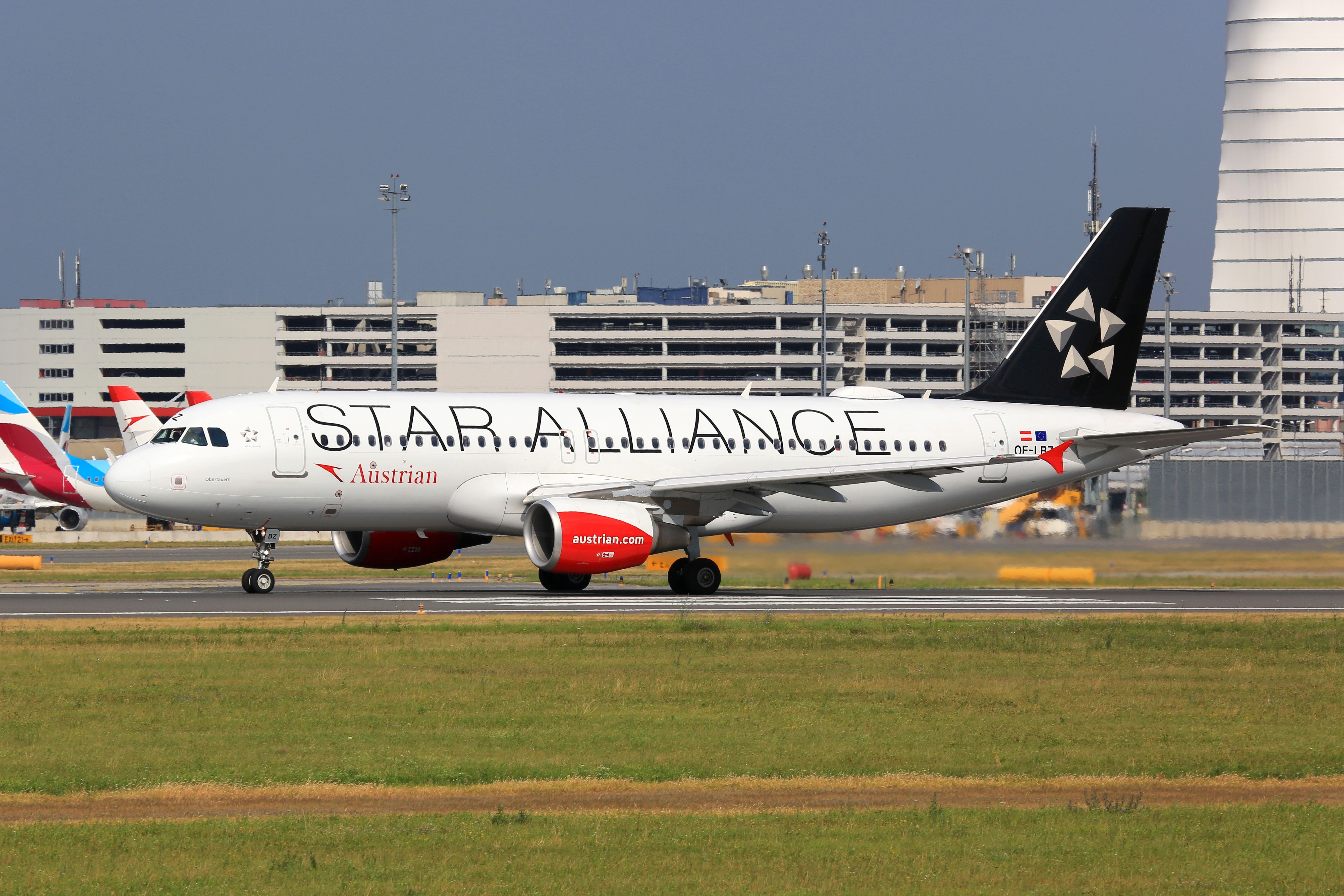 Austrian Airlines Airbus A320 OF-LBZ in Star Alliance livery at Vienna airport (VIE) in Austria.