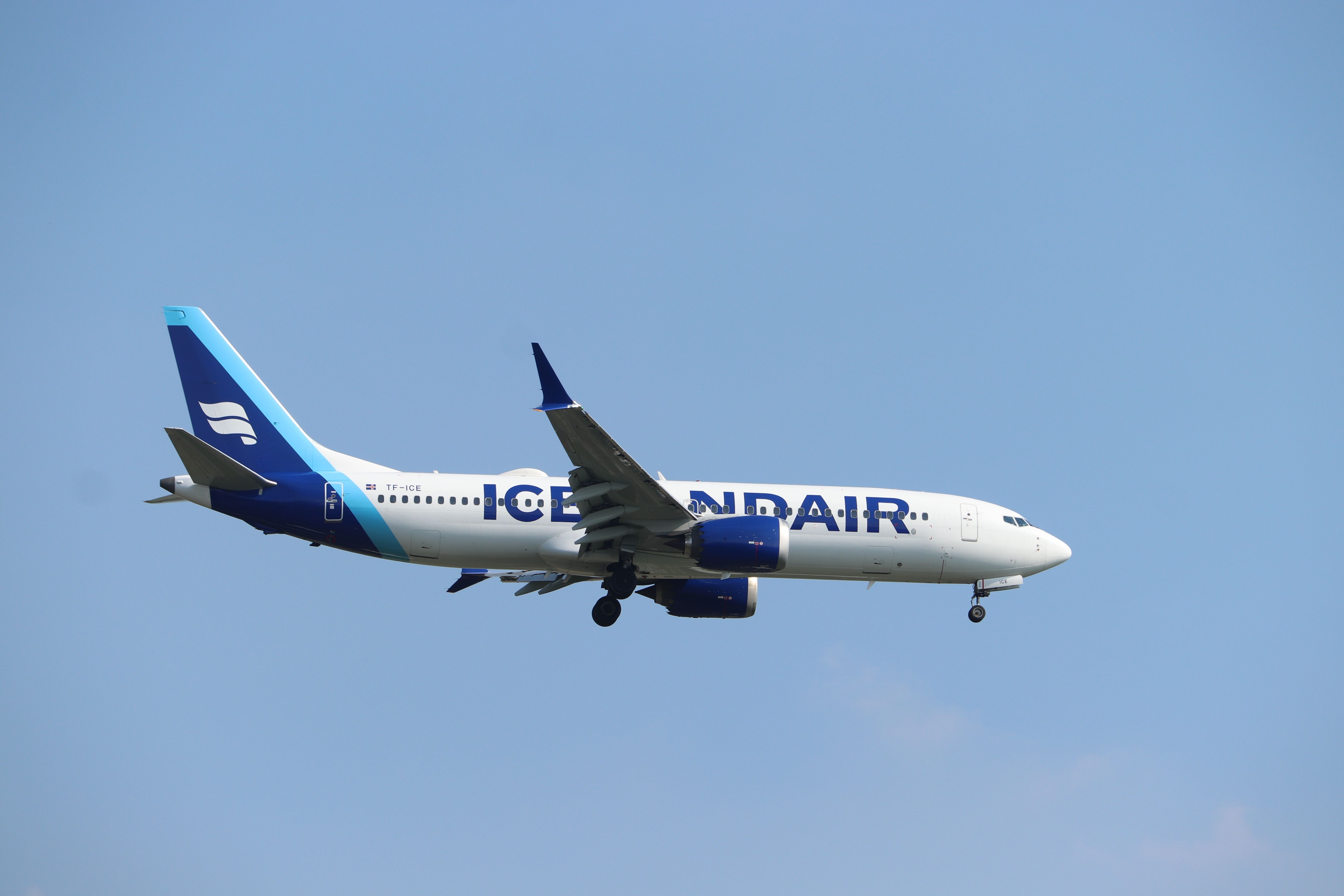 TF-ICE Icelandair Boeing 737-8 MAX final approach to Polderbaan runway at Schiphol Amsterdam Airport, the Netherlands