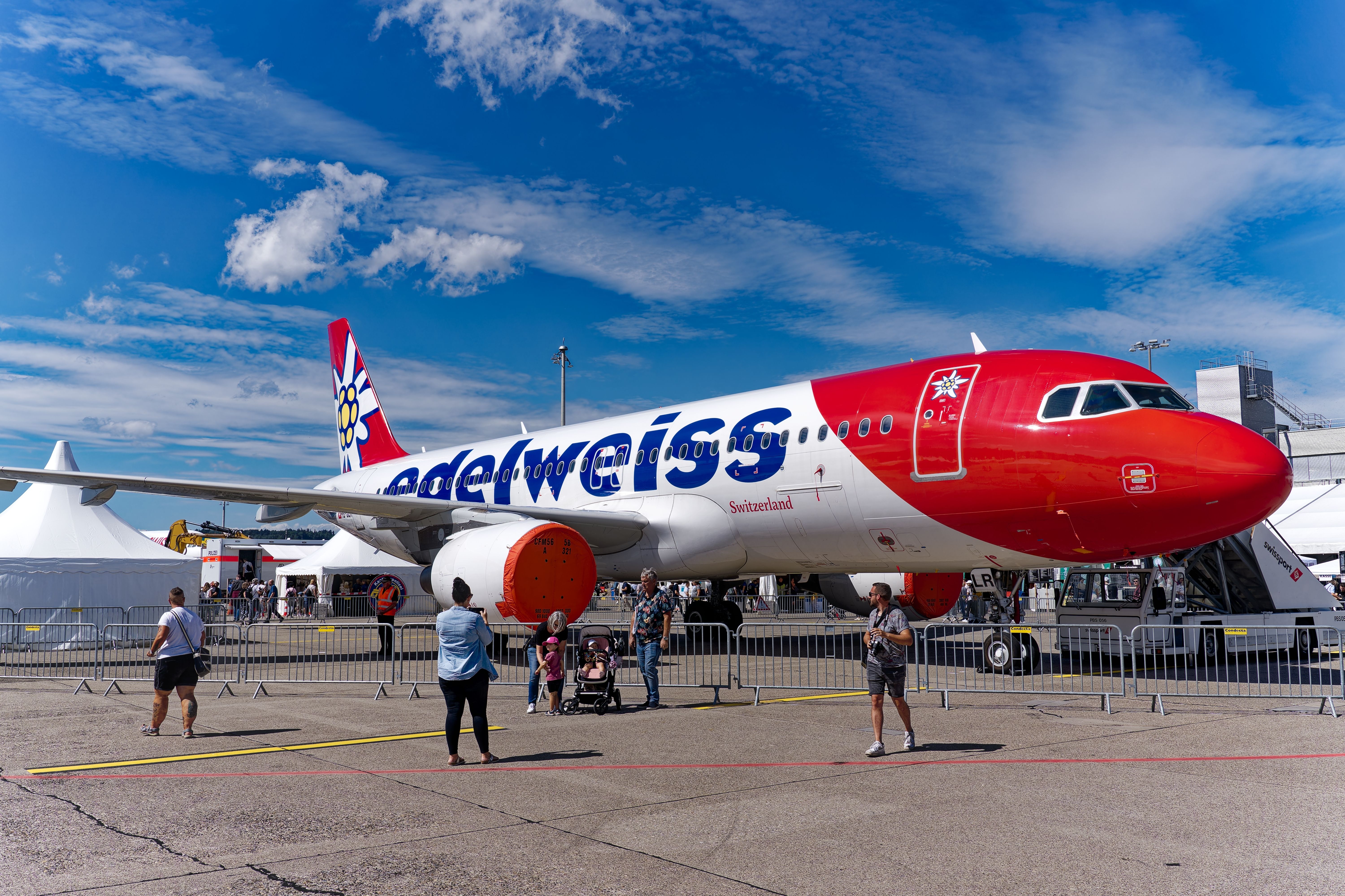 Edelweiss Air Airbus A320-214 at 75 year anniversary of Swiss Zürich Kloten Airport on a sunny summer day. Photo taken September 1st, 2023, Kloten, Canton Zürich, Switzerland.