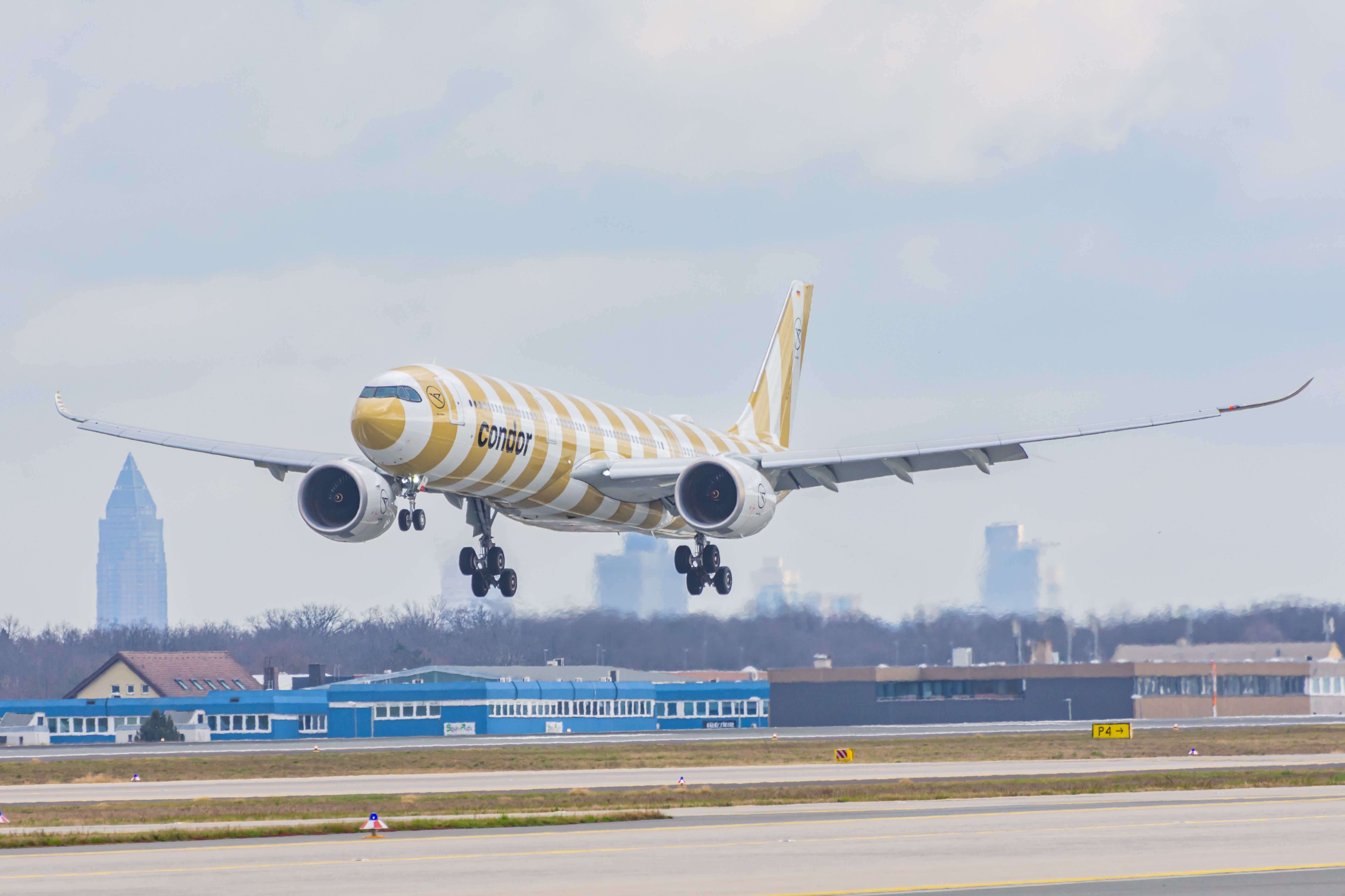 Frankfurt, Hessen, Germany - March 23, 2024: Condor Airlines Airbus A330-900 is landing and heading to its gate at Frankfurt International Airport. A330neo New Engine Option.