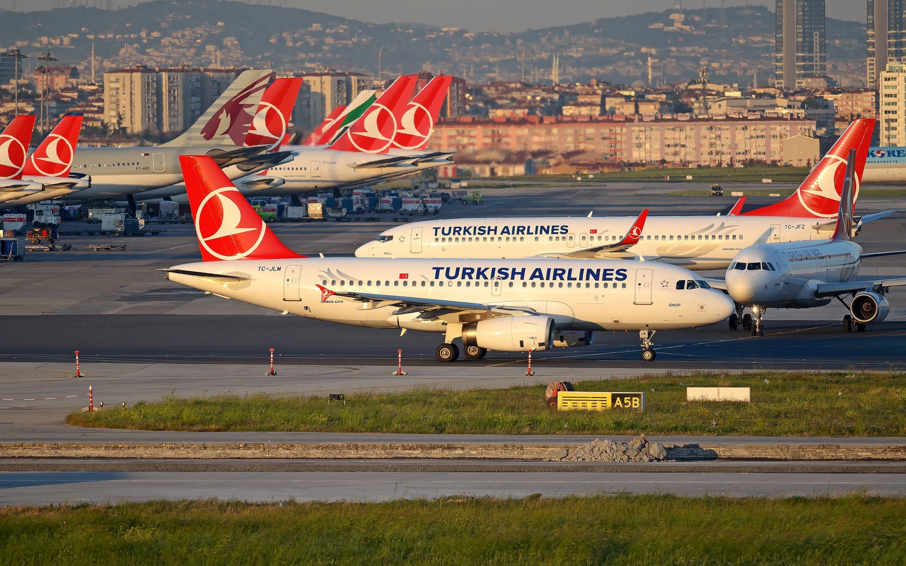 Istanbul Ataturk International airport IST apron overview with planes parked to gates detail c exterior view