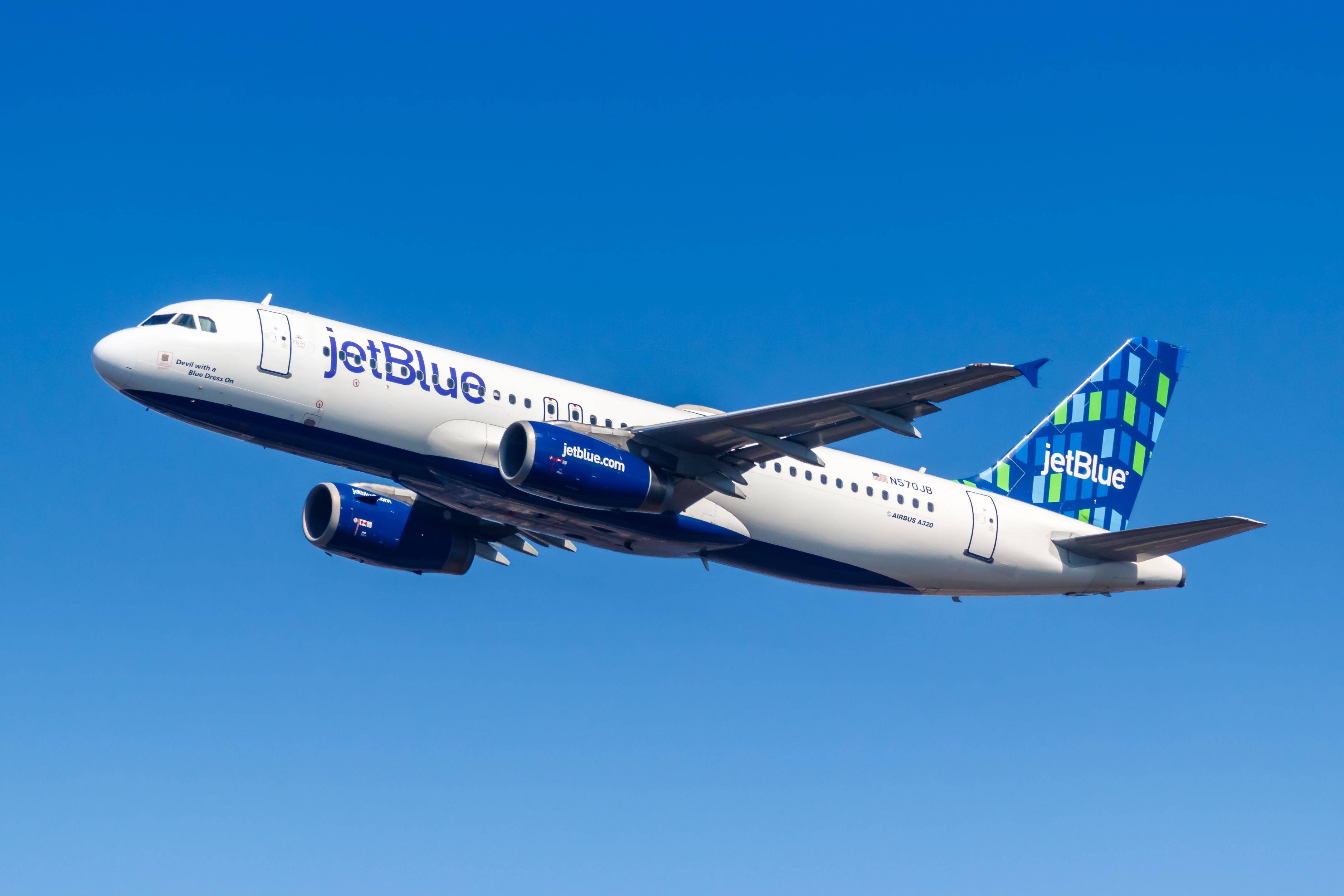 JetBlue Airbus A320ceo departing New York John F. Kennedy International Airport JFK shutterstock_1704528706