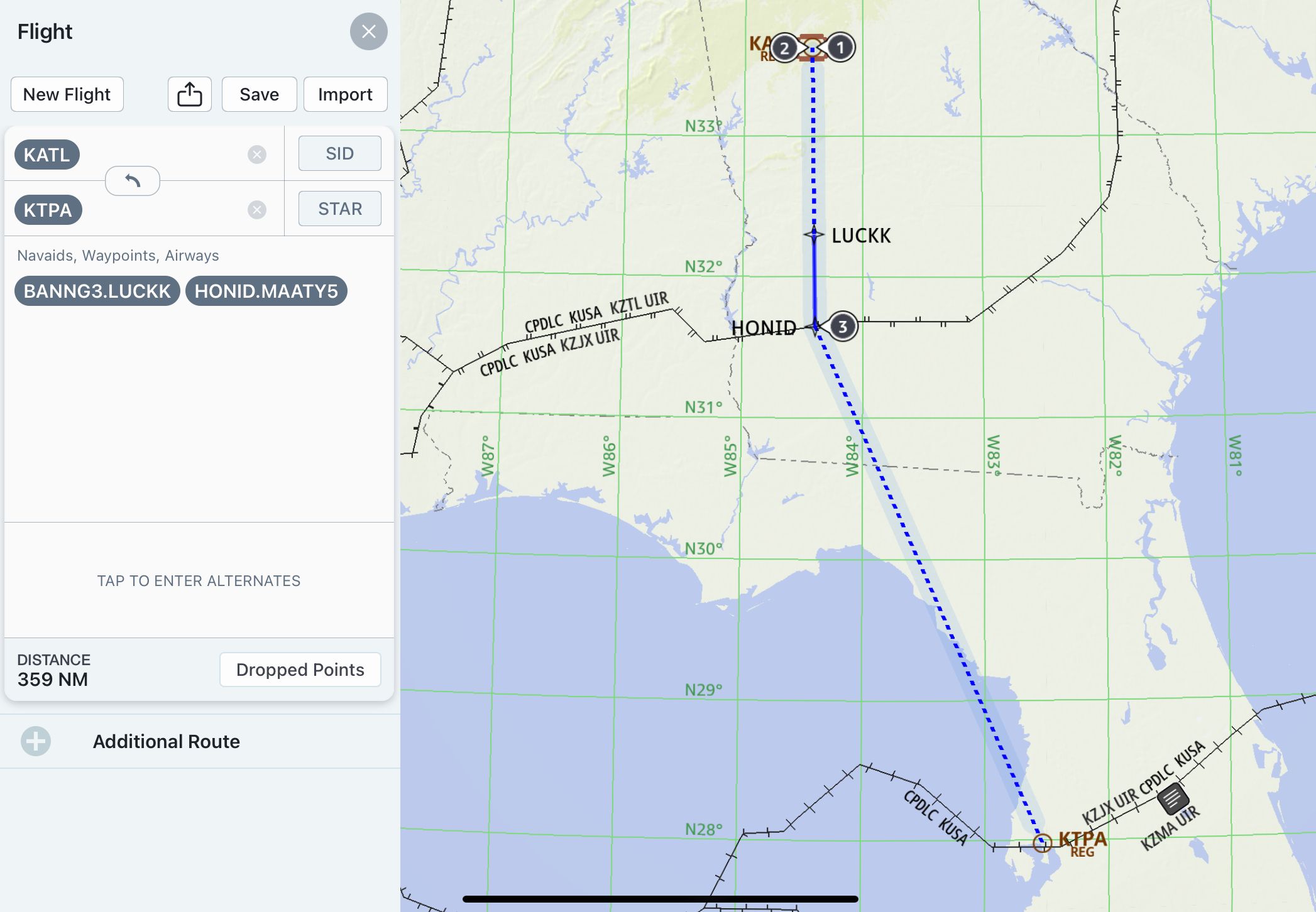 The route from Atlanta to Tampa.