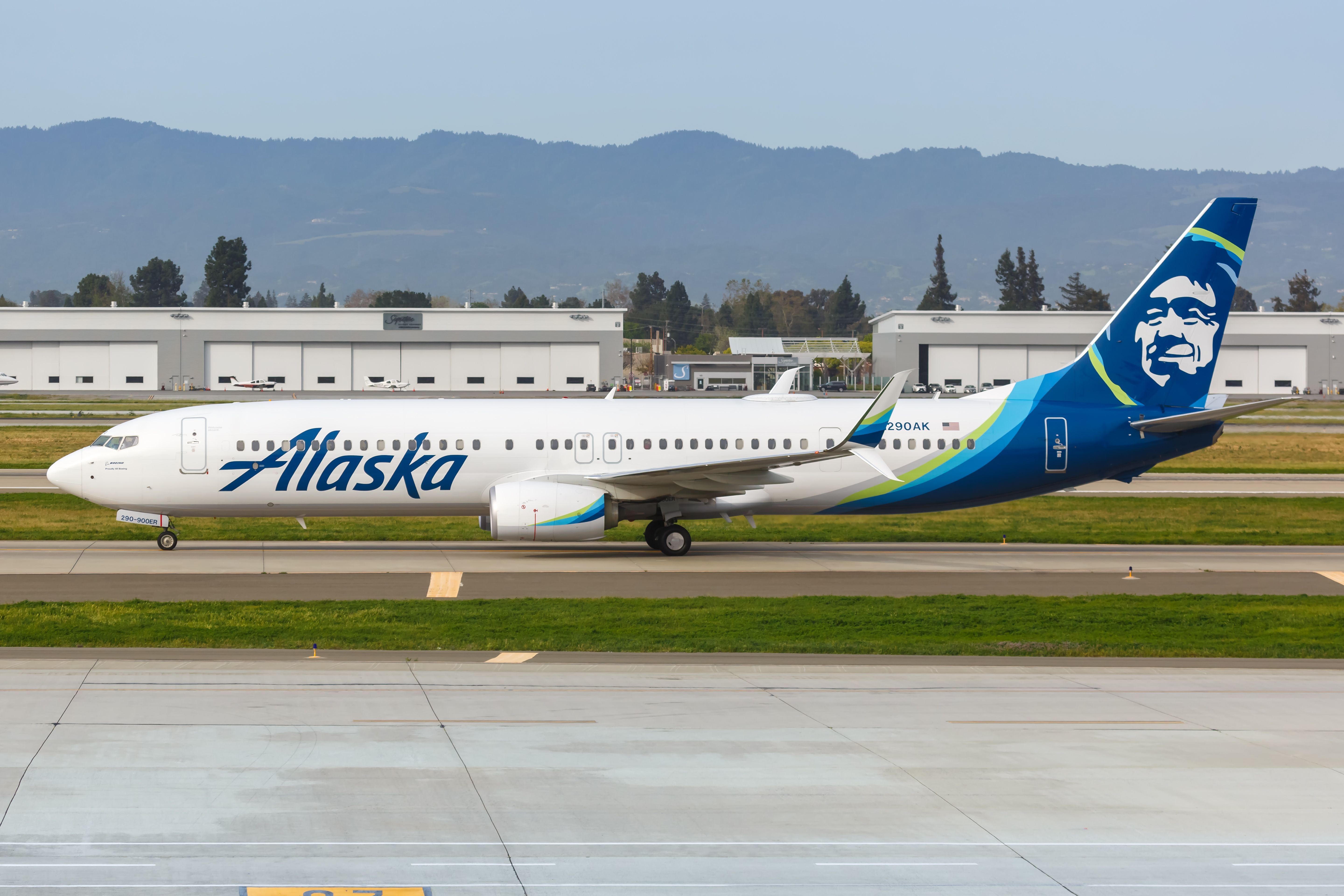 Alaska Airlines Boeing 737-900ER airplane at San Jose airport (SJC) in California.