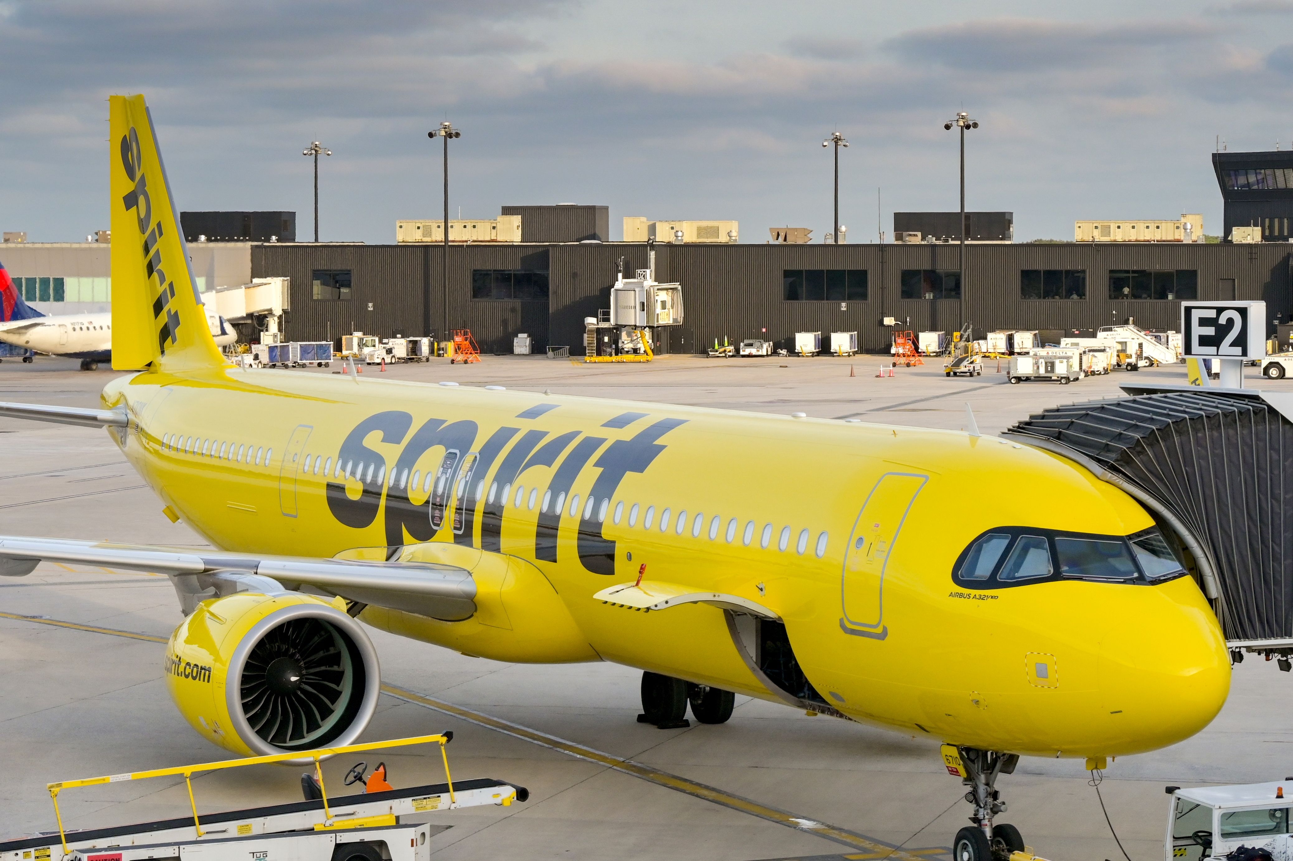 Spirit Airlines Airbus A321neo at the gates in Baltimore shutterstock_2463328209