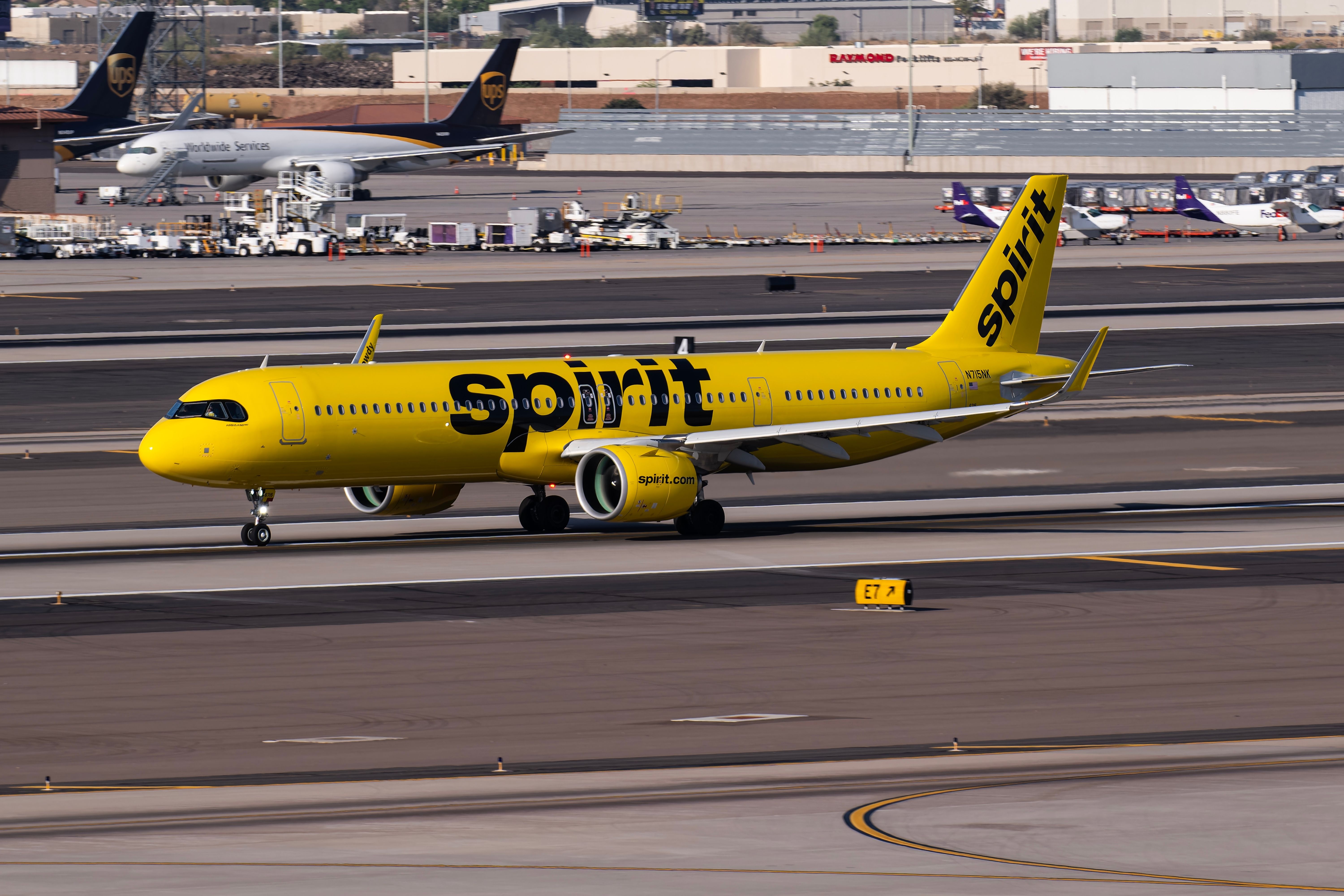 Spirit Airlines Airbus A321neo taxiing at Pheonix Sky Harbor International Airport PHX shutterstock_2476998365