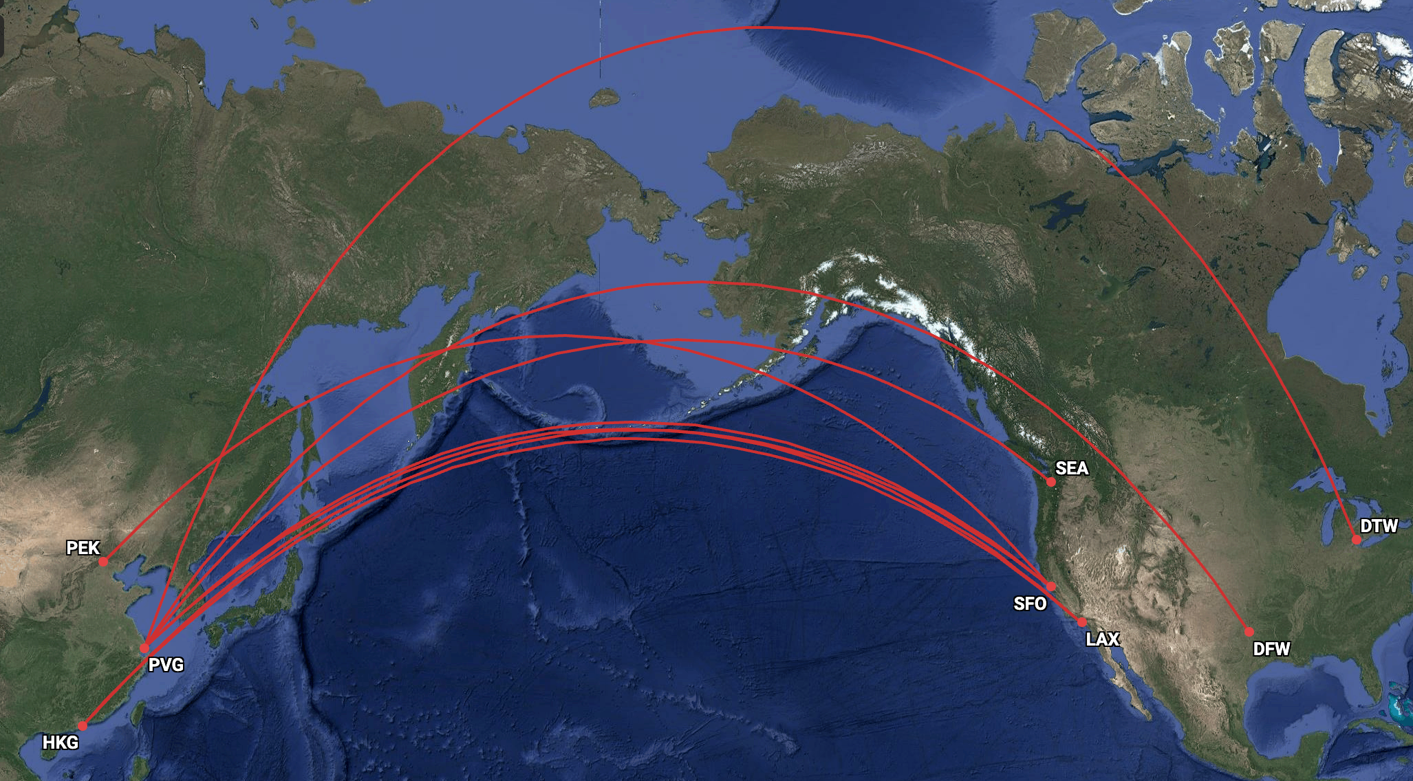 US airlines' route network from:to China in May 2025