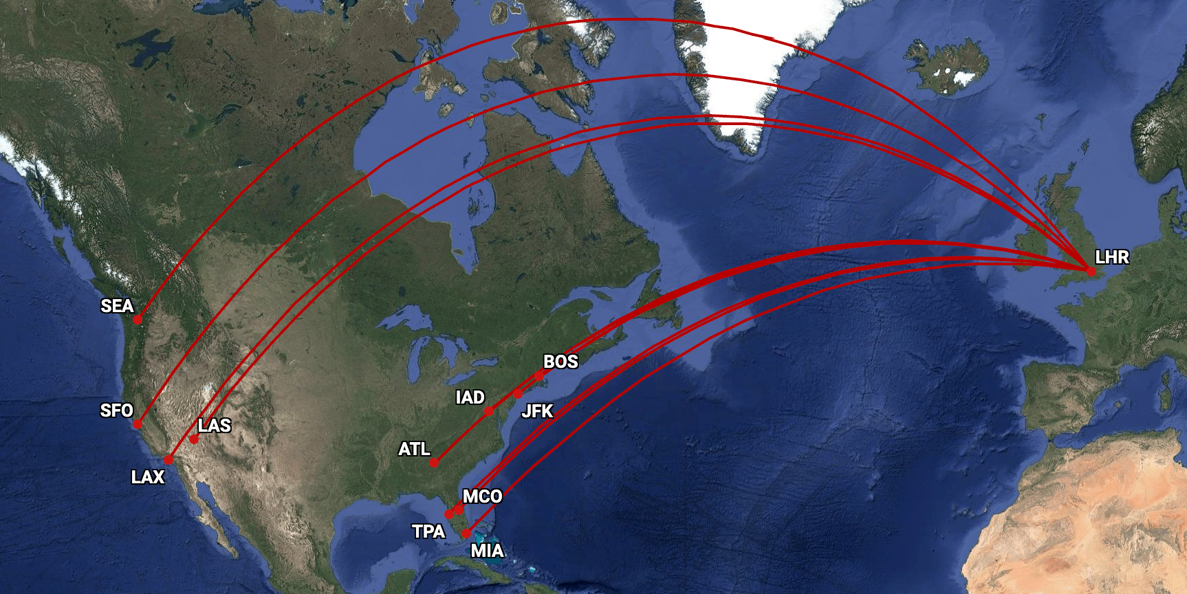 Virgin Atlantic transatlantic network from London Heathrow Airport