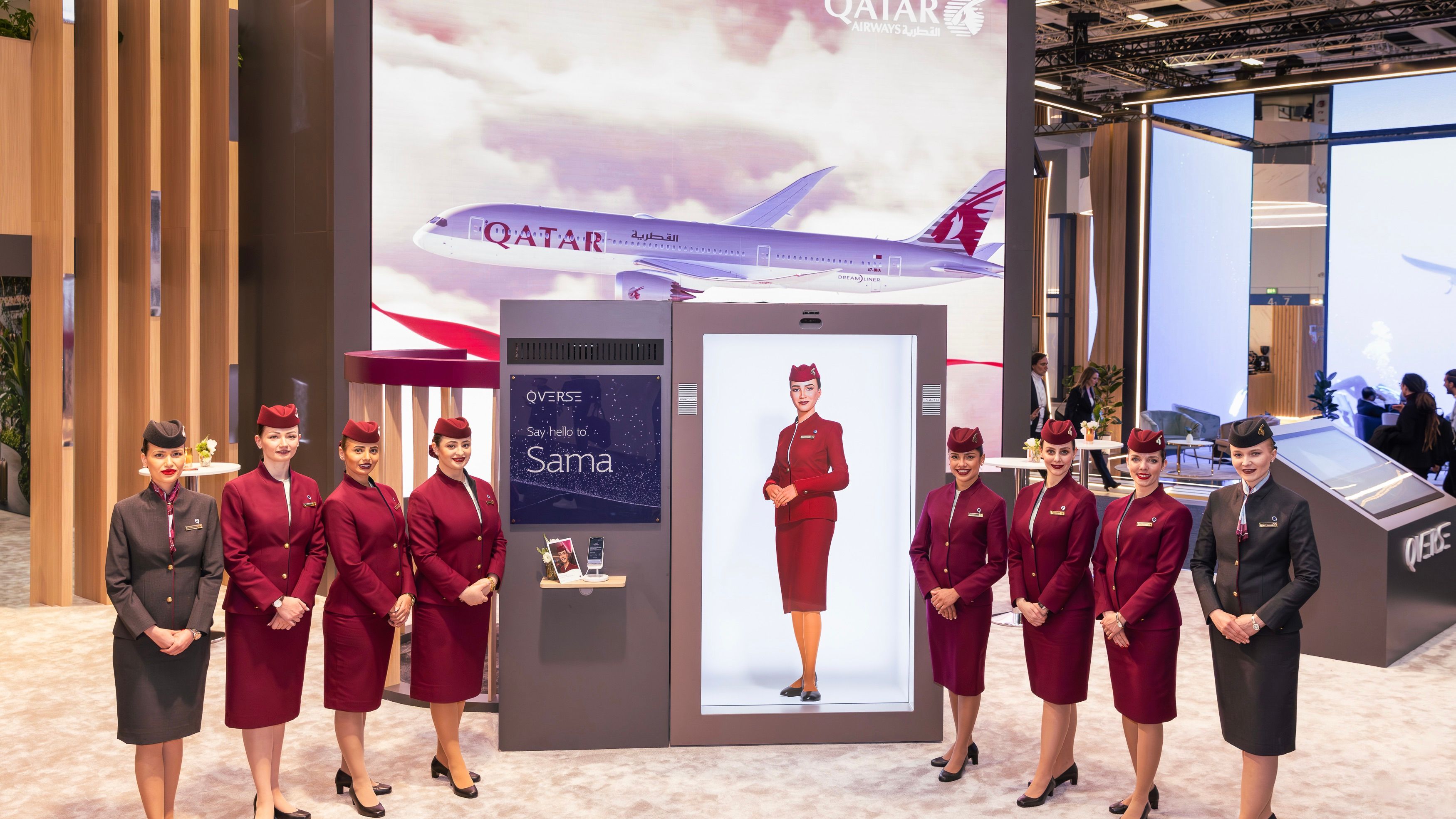 Qatar Airways flight attendant and Sama hologram