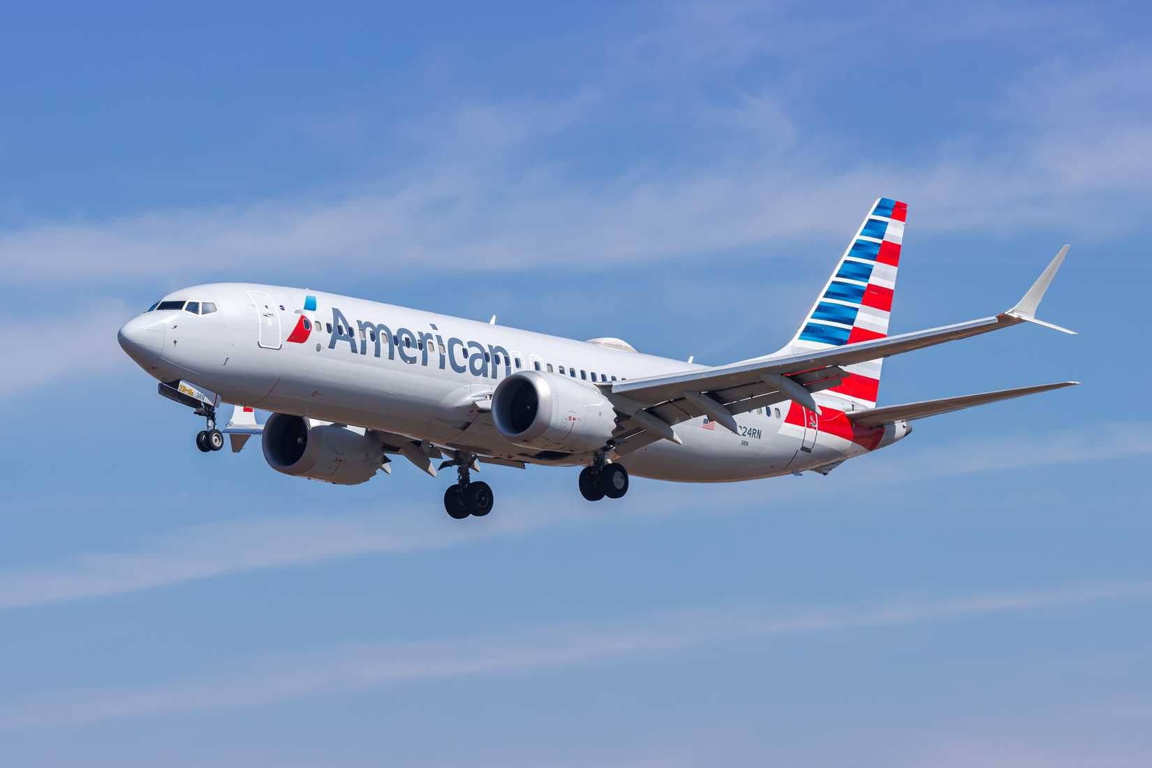American Airlines Boeing 737 MAX 8 landing at LAX shutterstock_2559093519
