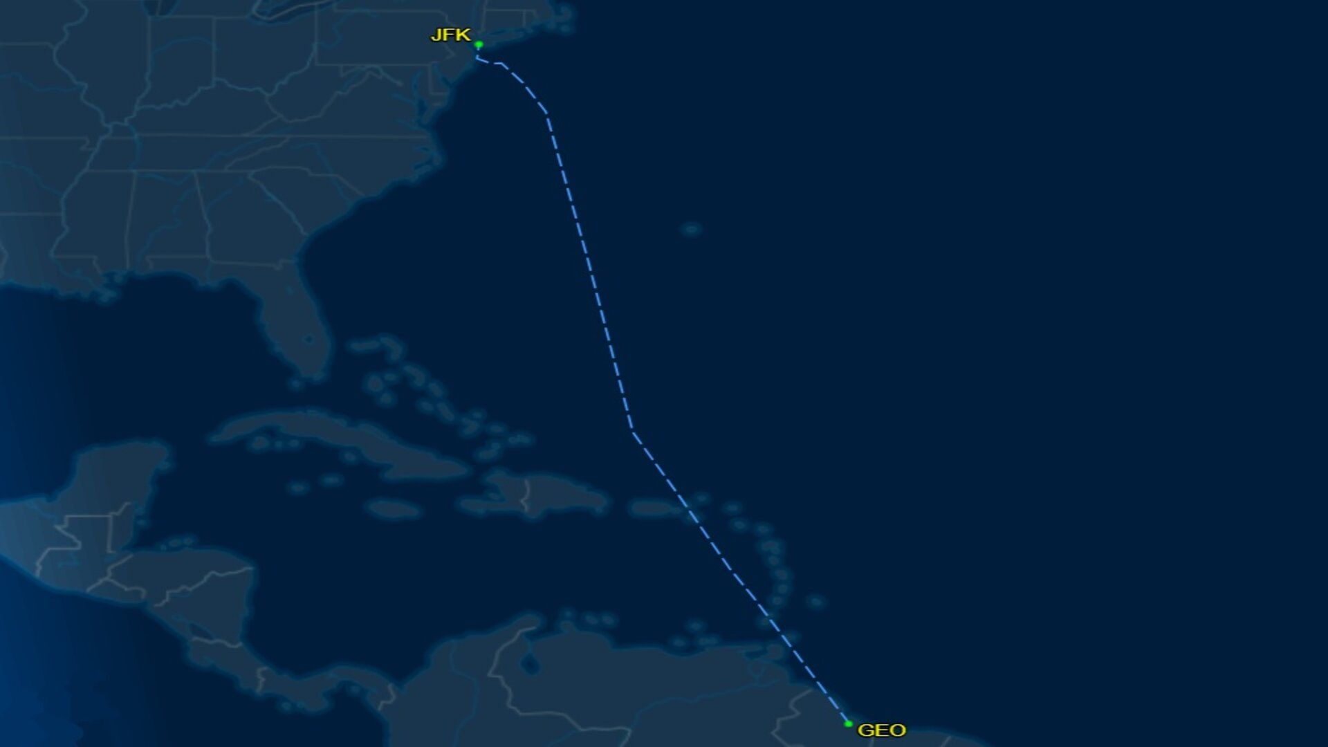 American Airlines' route with Boeing 737 MAX 8 from GEO to JFK.