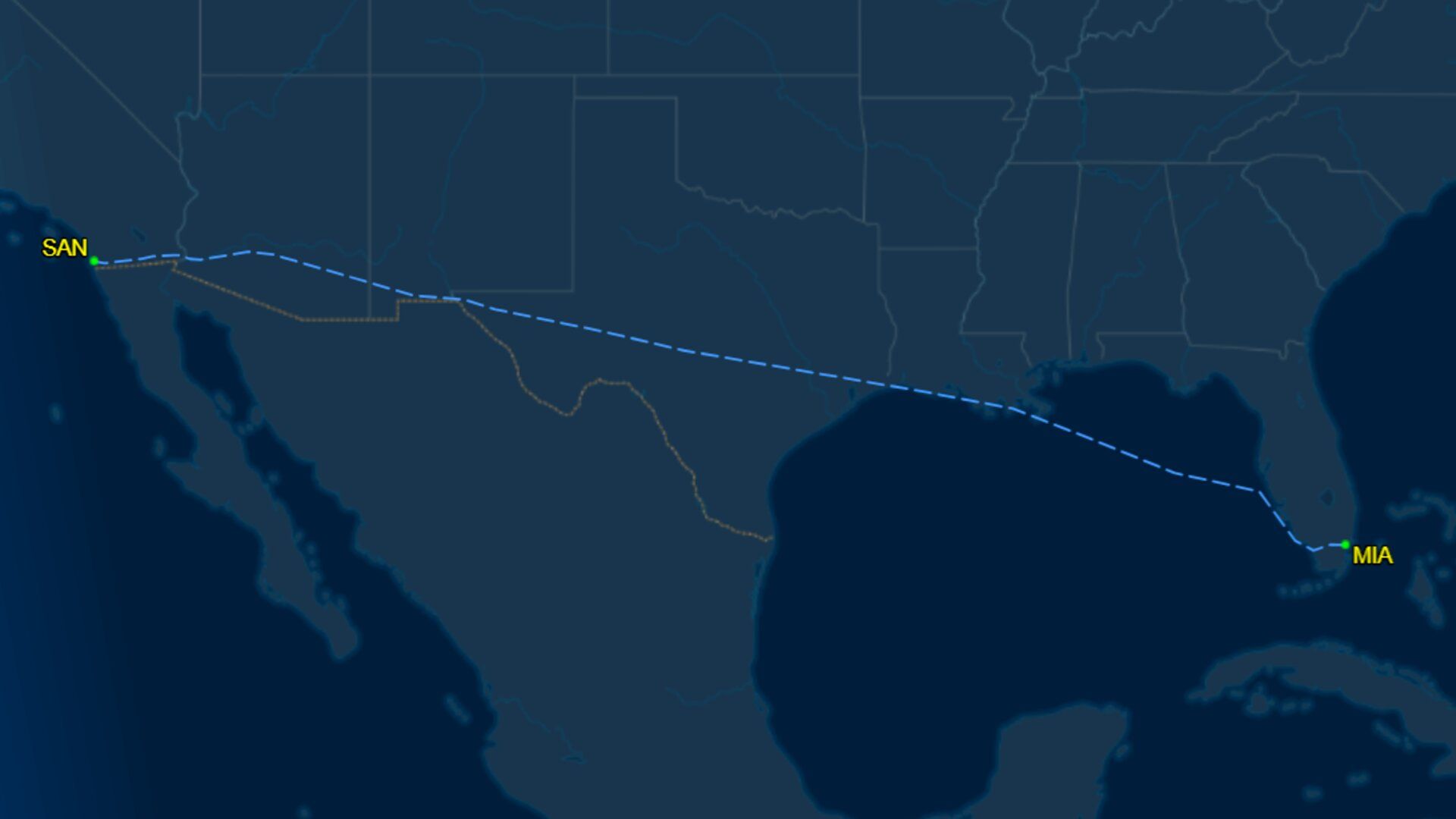 American Airlines' route with Boeing 737 MAX 8 from MIA to SAN