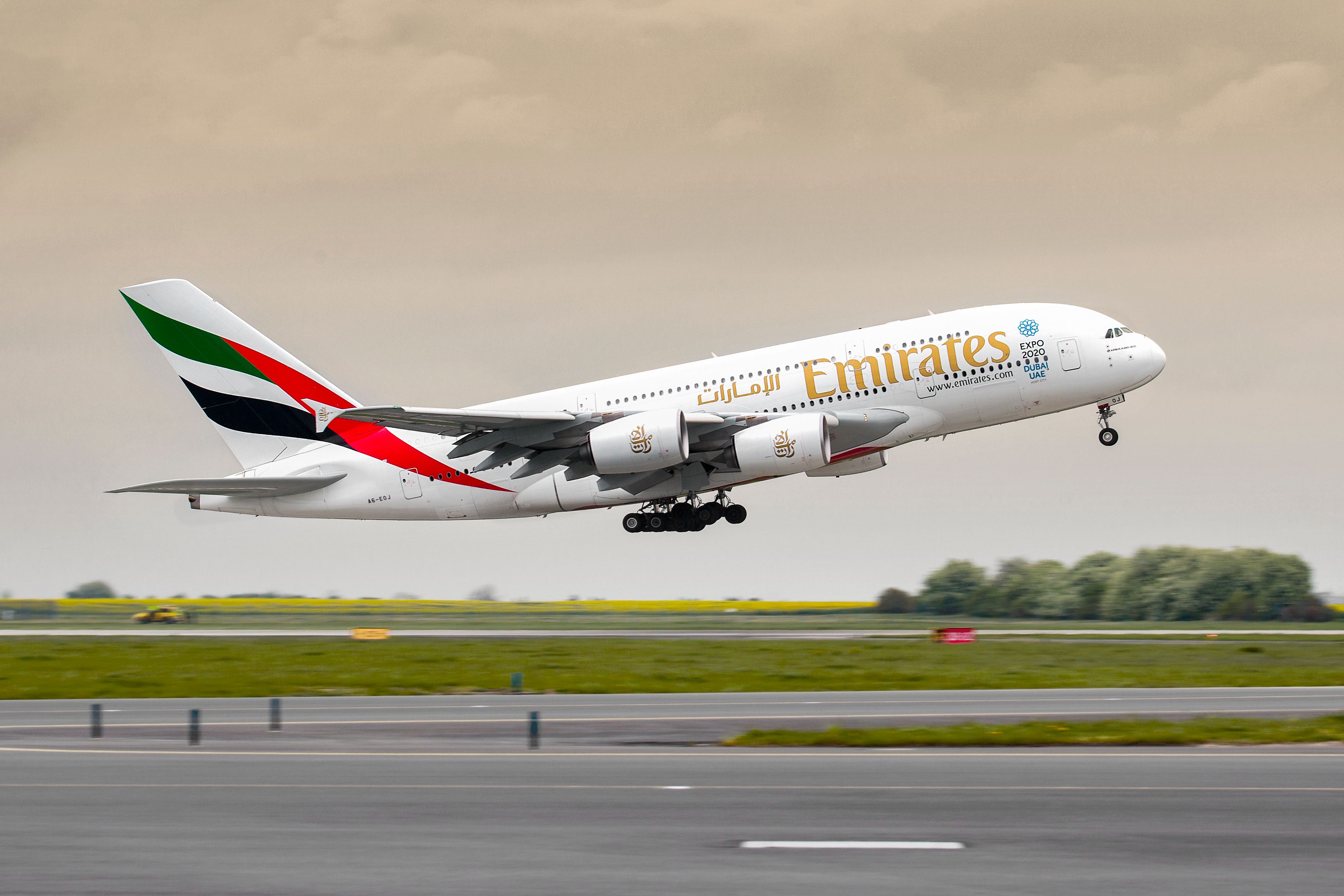 Emirates Airbus A380 Departing Prague