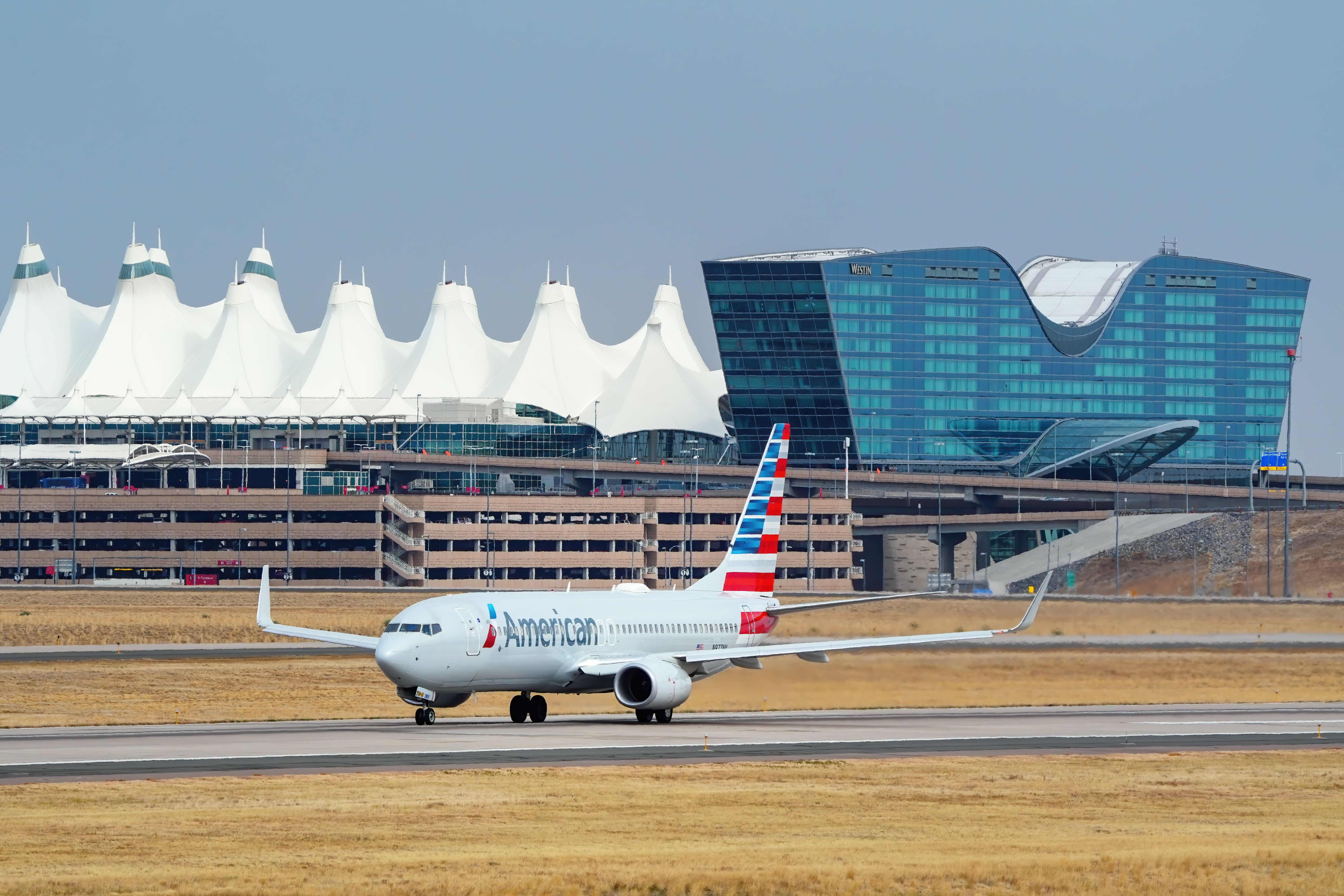 An American Airlines Boeing 737 at Denver International Airport, Colorado. 