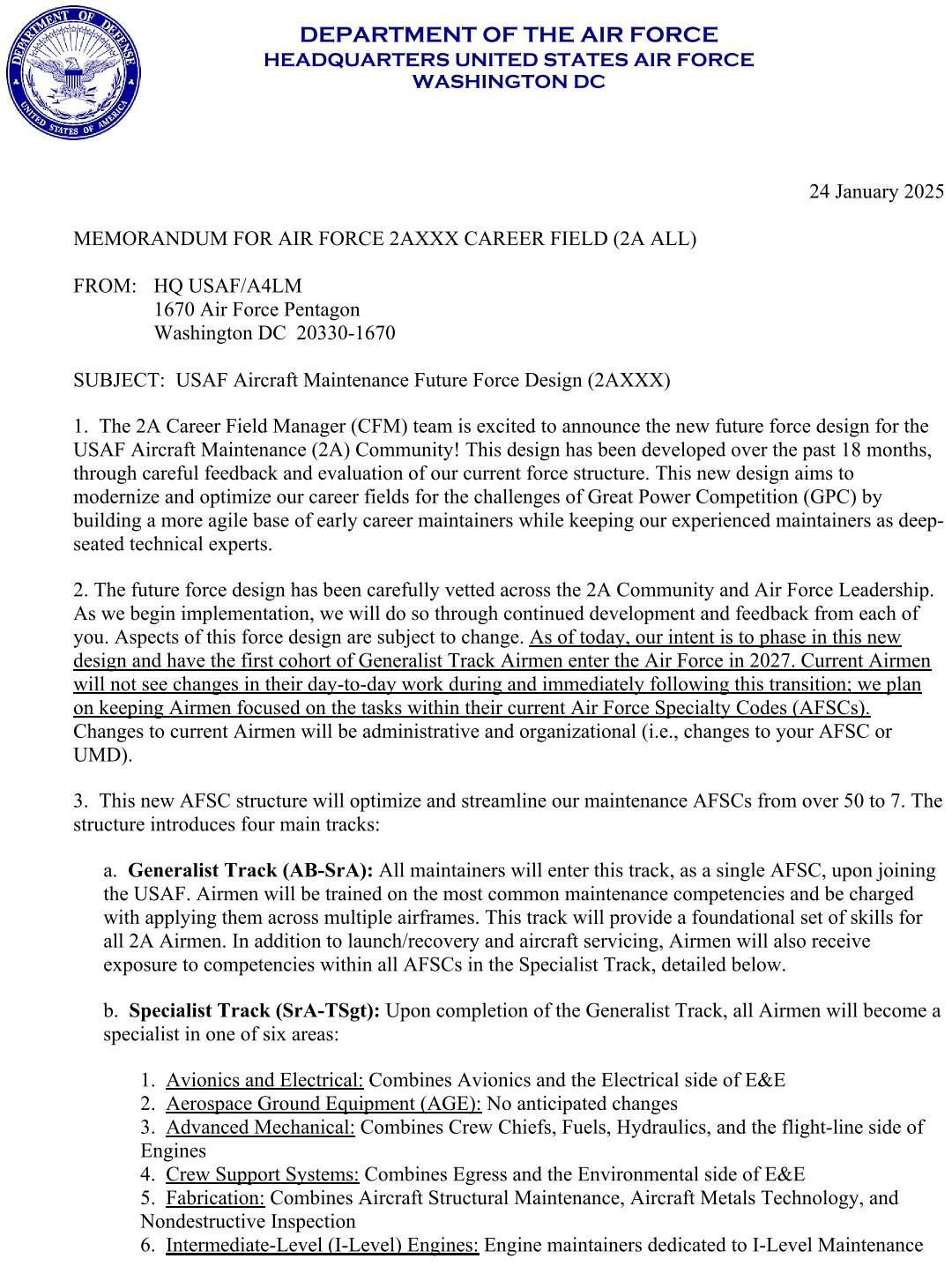 air force memo on aircraft maintenance