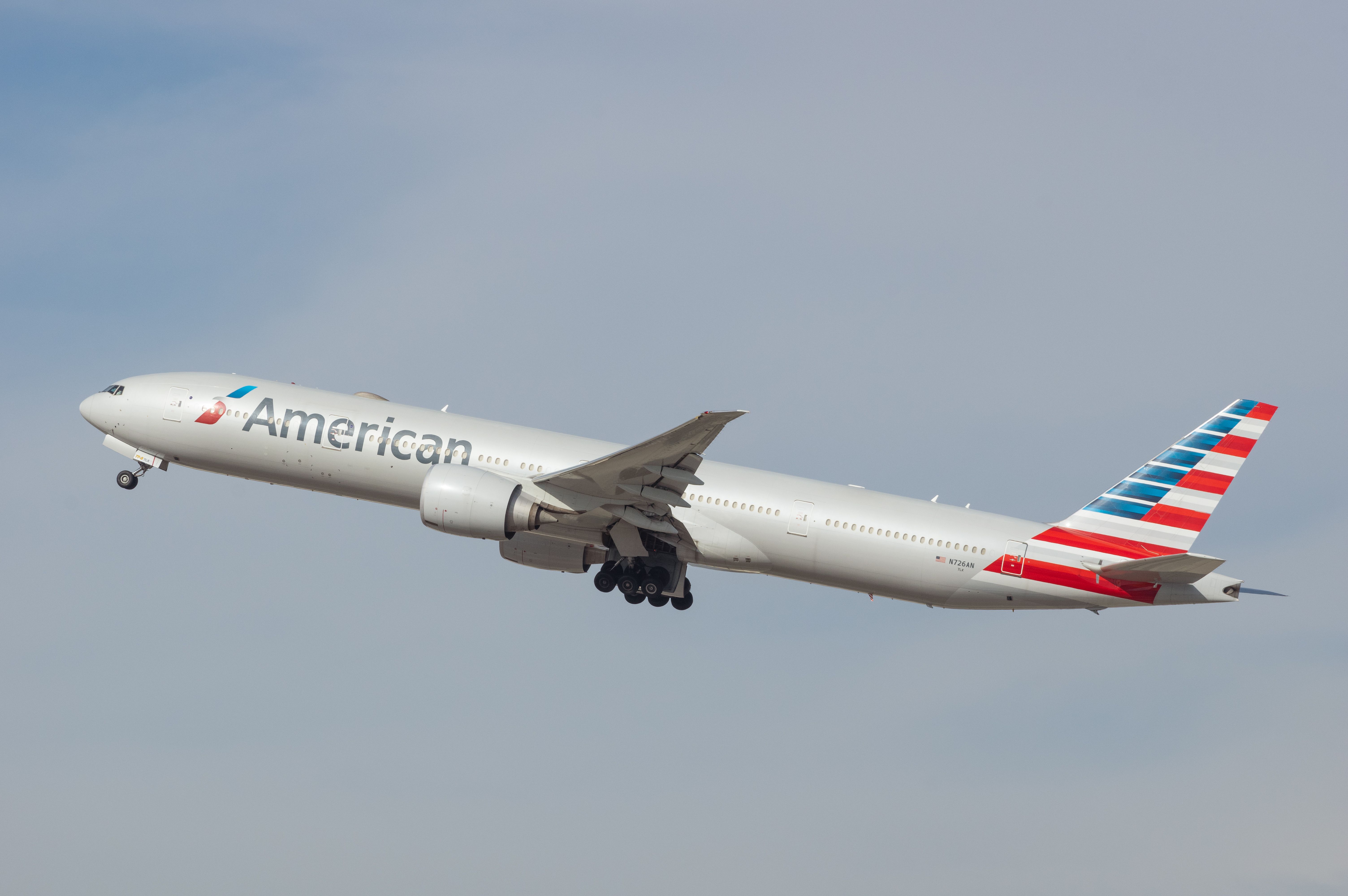 American Airlines Boeing 777-300ER departing Los Angeles International Airport LAX shutterstock_1886783047