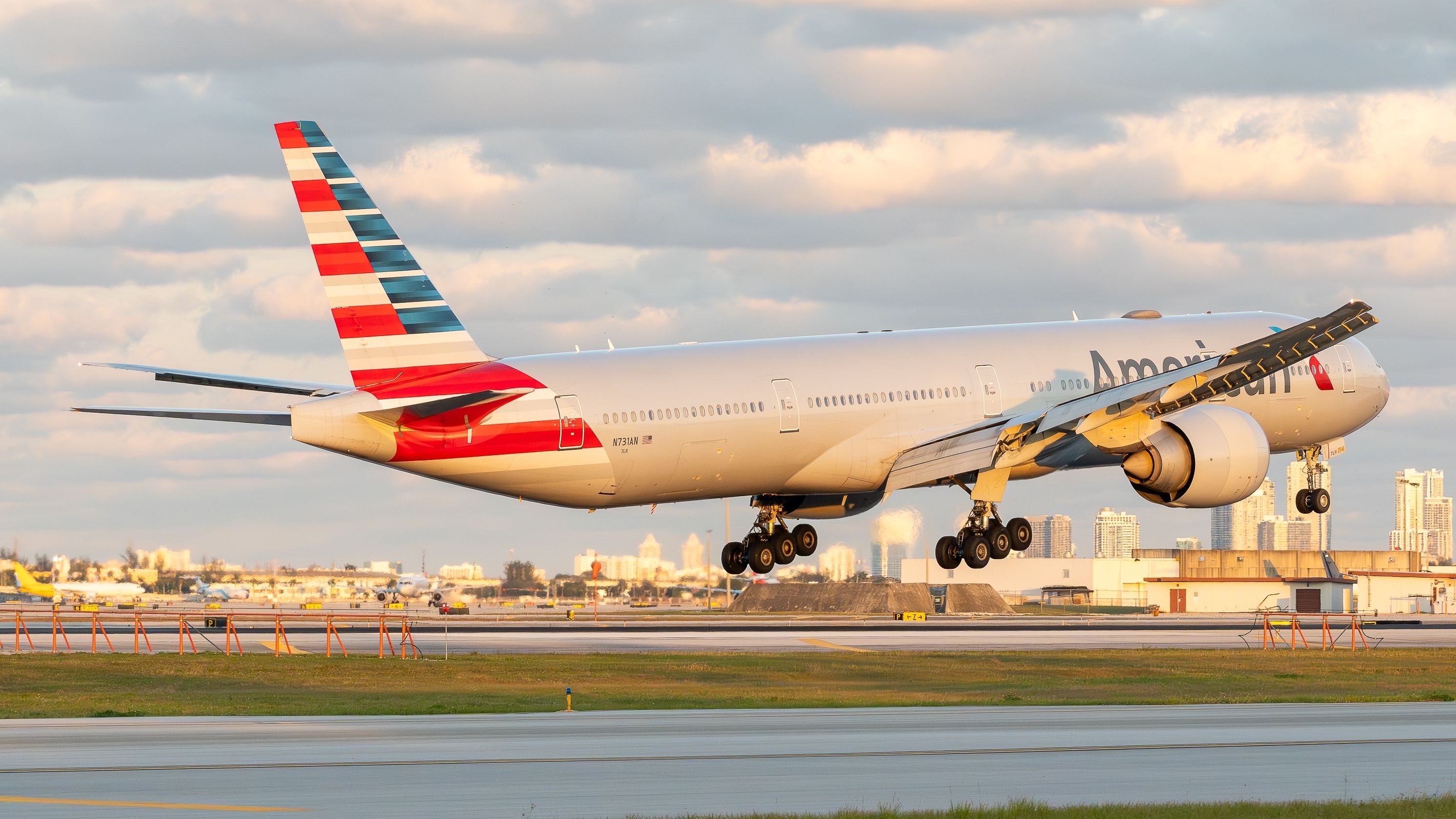 American Airlines Boeing 777-300ER landing at Miami International Airport MIA shutterstock_2578999635