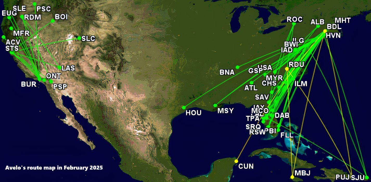 Avelo's route map February 2025