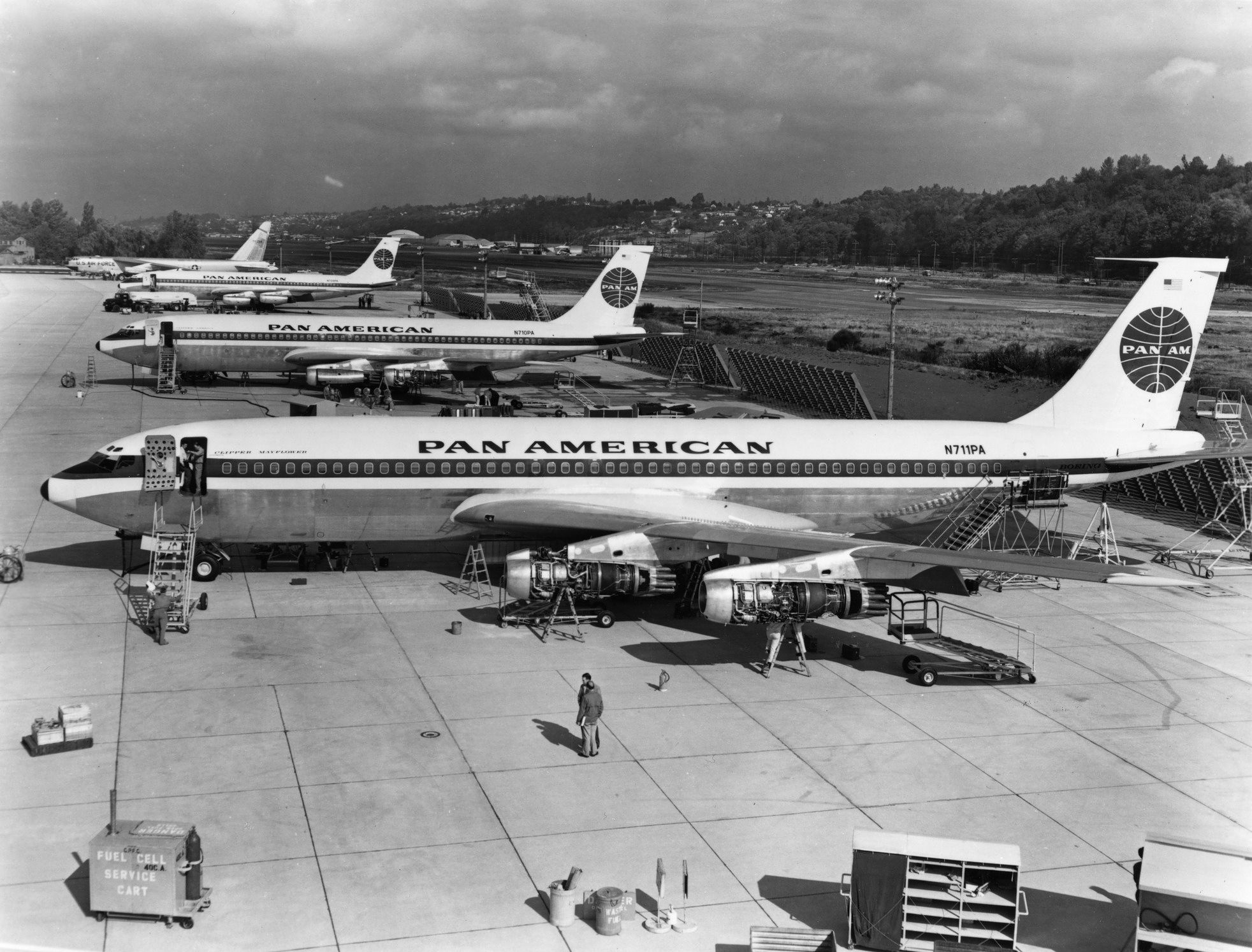 Boeing T three plane 707-121 with Prat & Whitney engines, JT3C6, awaiting delivery to US International Airlines in 1958