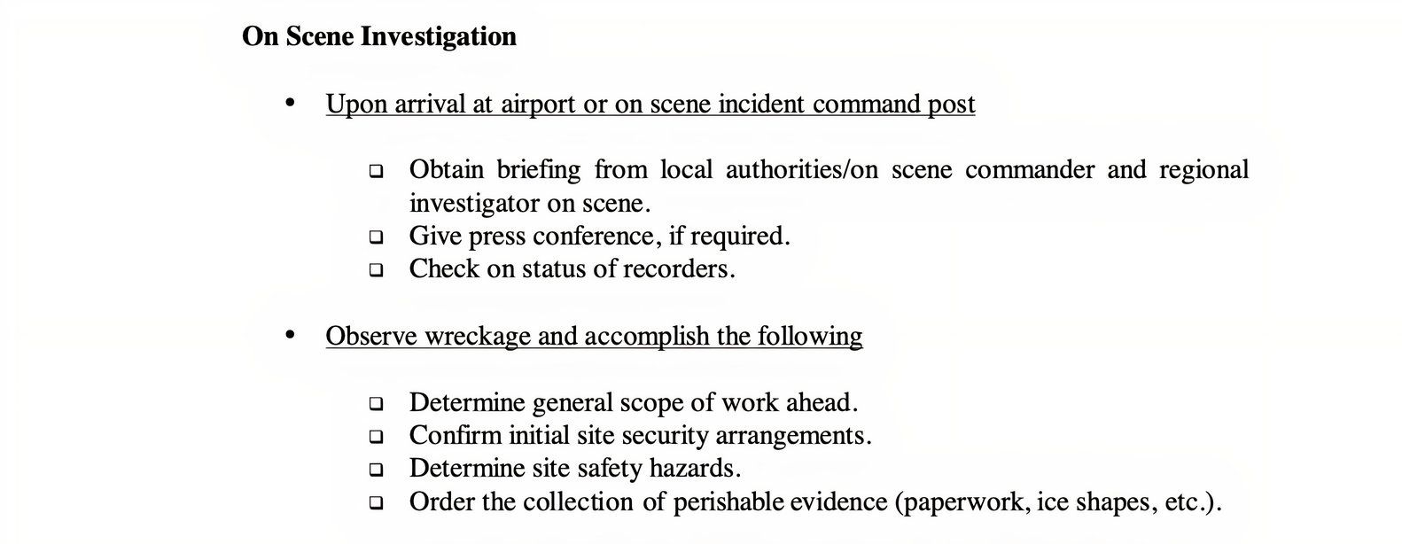 NTSB Aviation Investigations Manual - Investigator in Charge Checklist- page A-4 Appendix