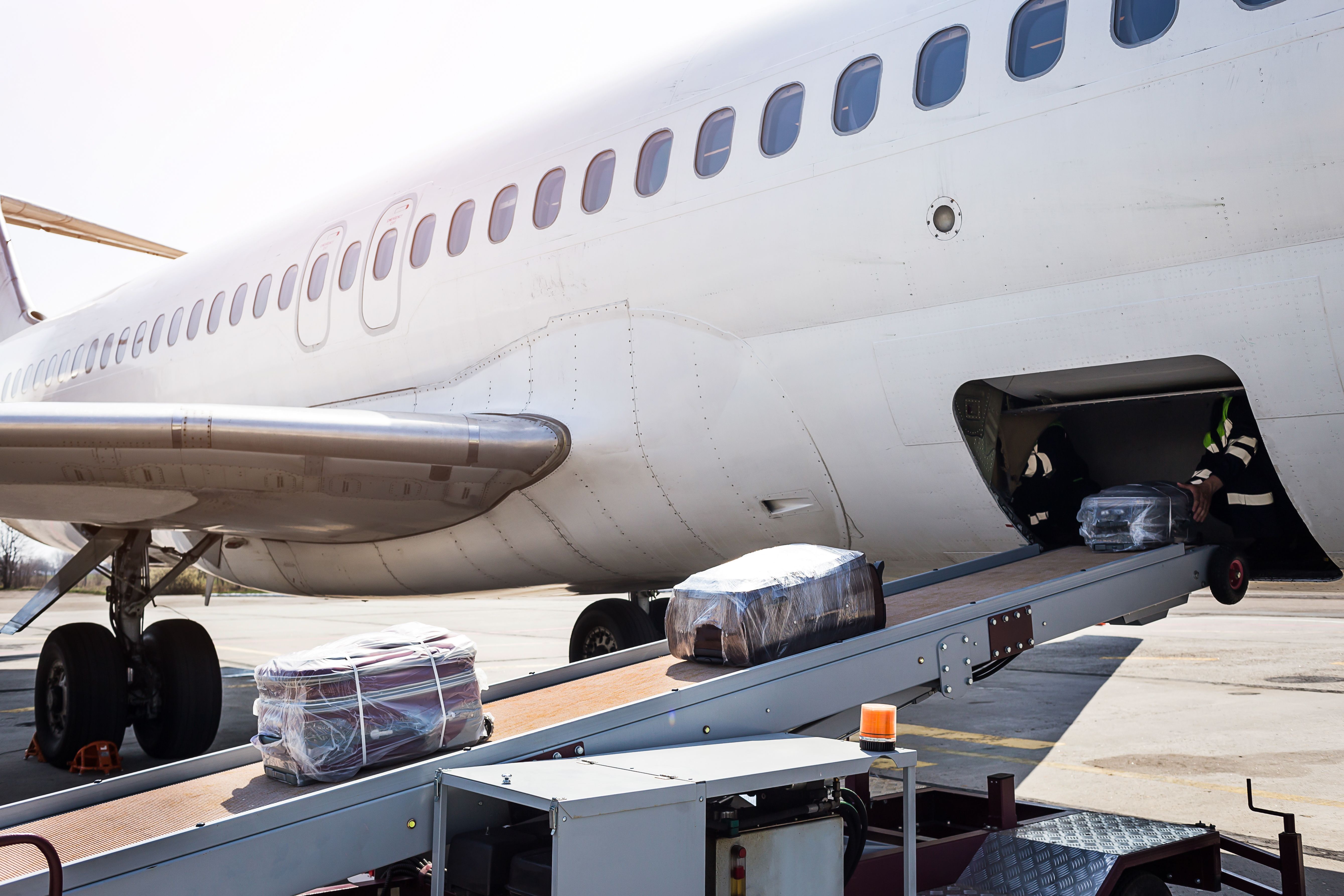 Loading checked luggage into aircraft bin 