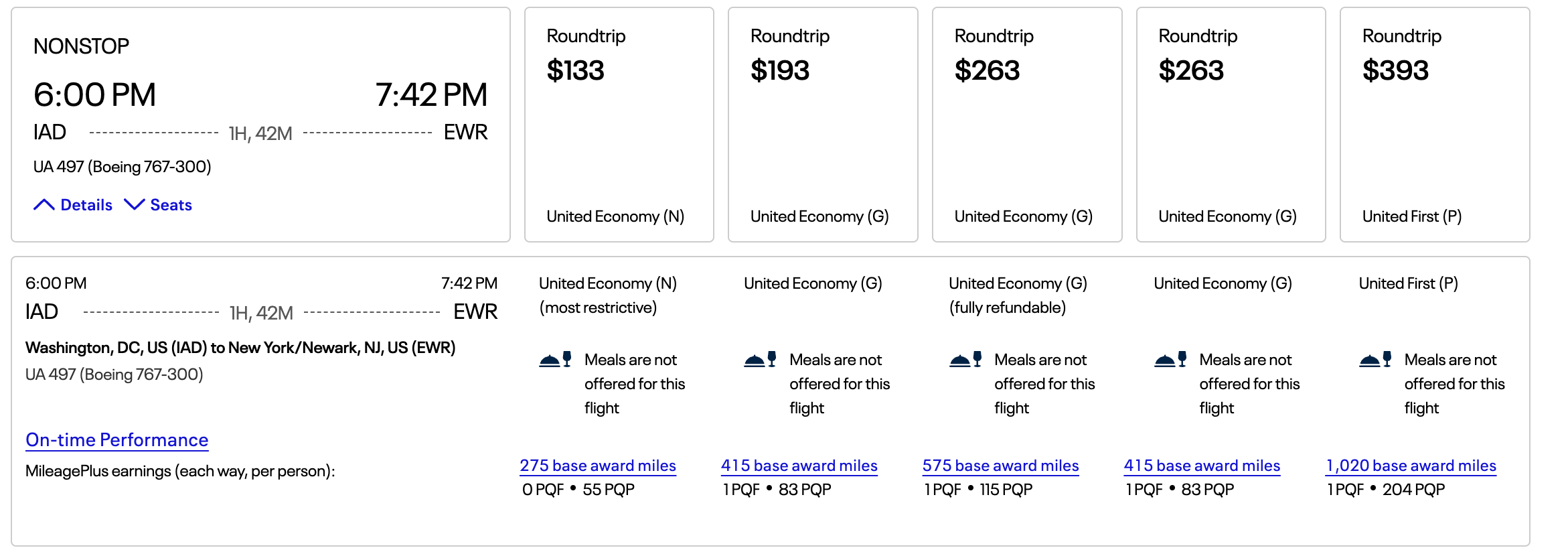 United Airlines Boeing 767-300ER flight from Washington to Newark