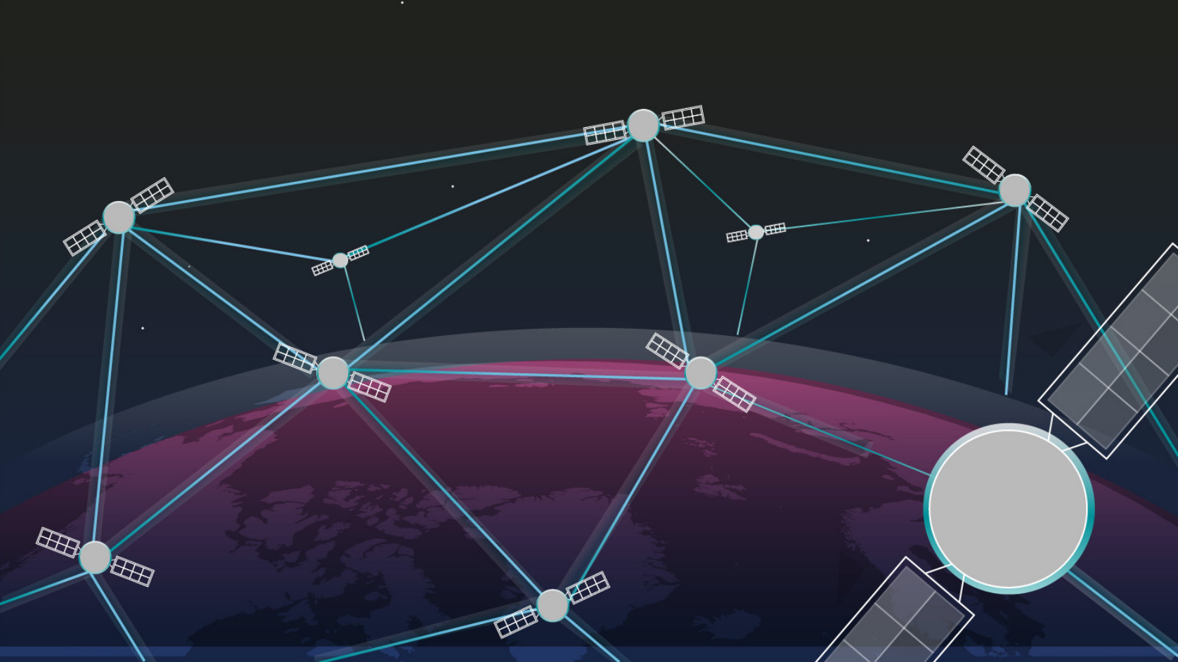 A Government Accountability Office illustration of a network of satellites transmitting information via laser link.