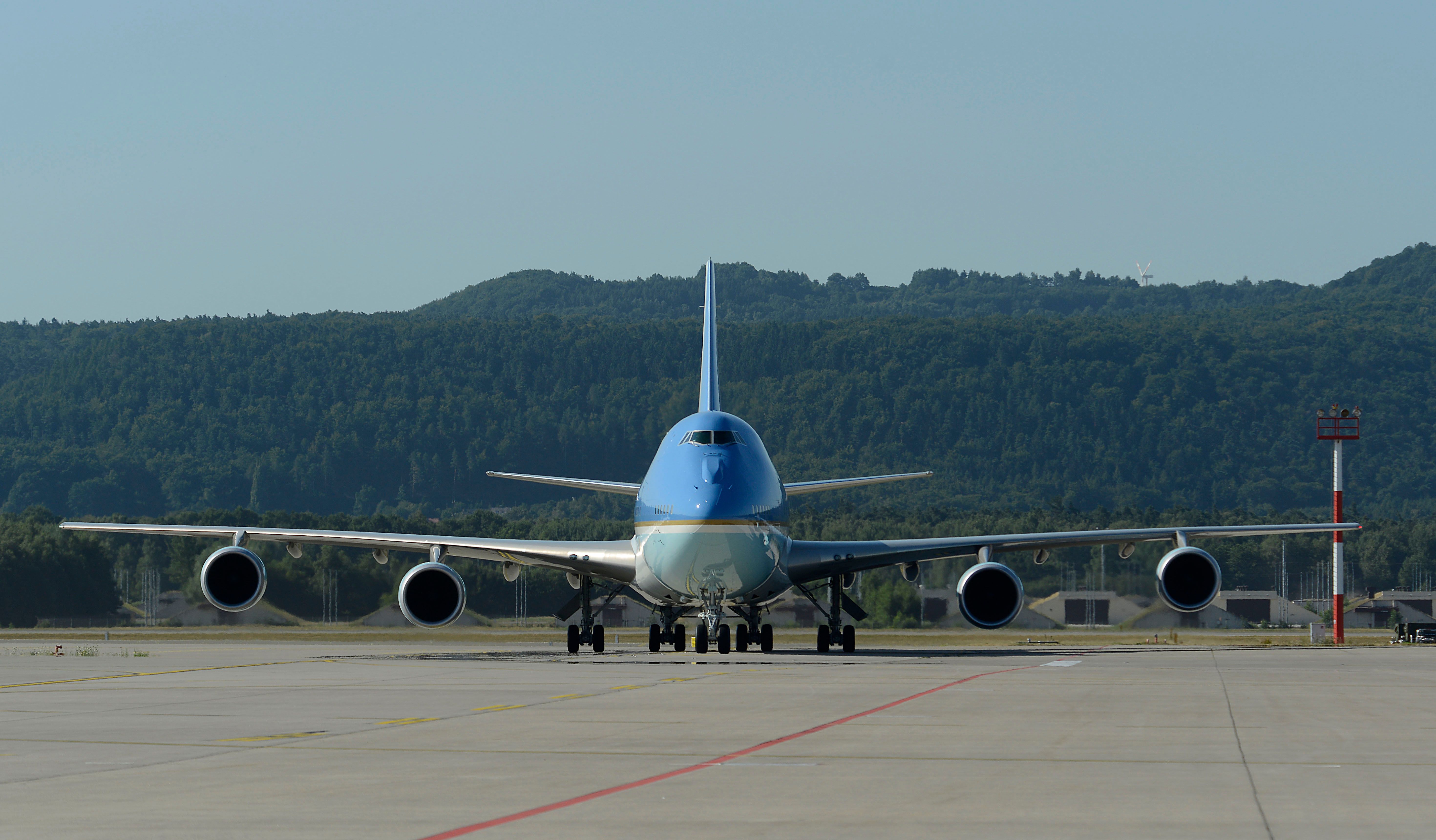 Air Force One taxis to its parking position July 24, 2015, at Ramstein Air Base, Germany. President of the U.S. Barack Obama was traveling to Africa and stopped at Ramstein to refuel