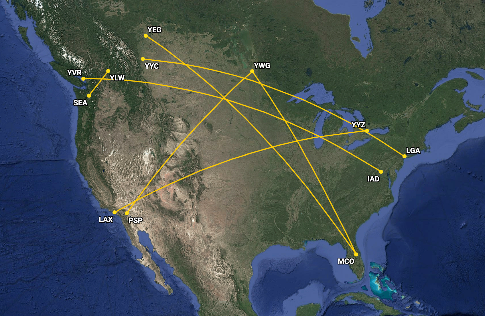 Canceled routes between Canada and the US in 2025