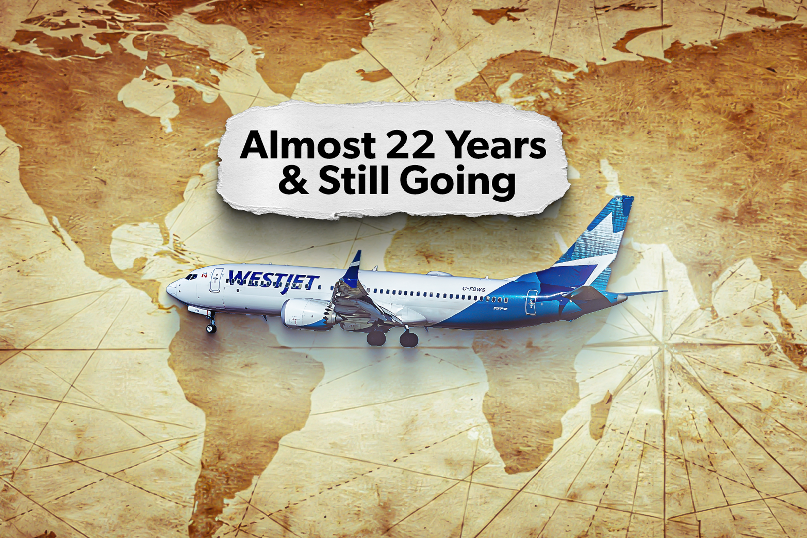 WestJet Boeing 737 flying over map of the world