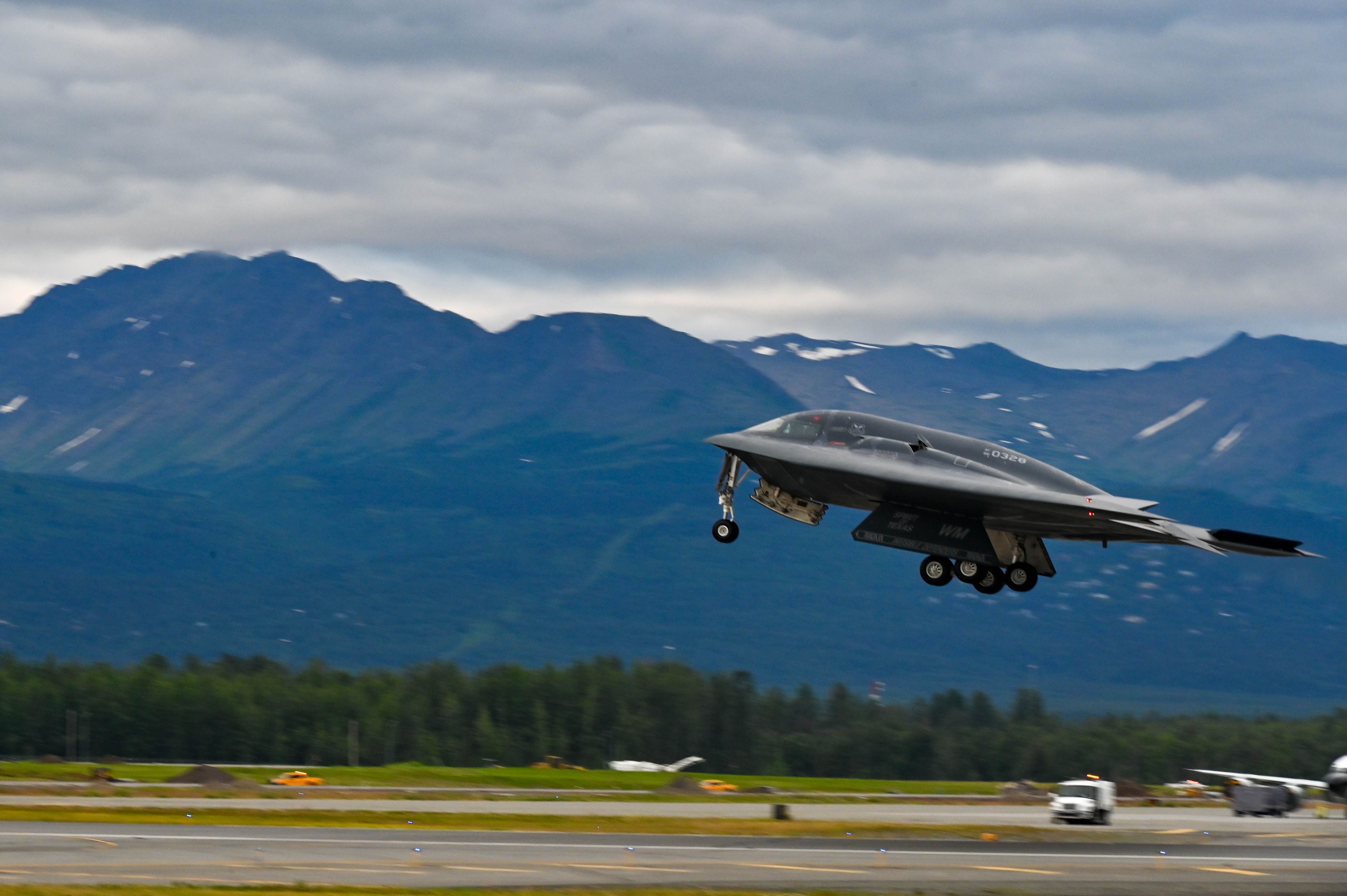 A B-2 Spirit assigned to the 509th Bomb Wing takes off at Joint Base Elmendorf-Richardson, Alaska, July 19, 2023, as part of a bomber Agile Combat Employment exercise.