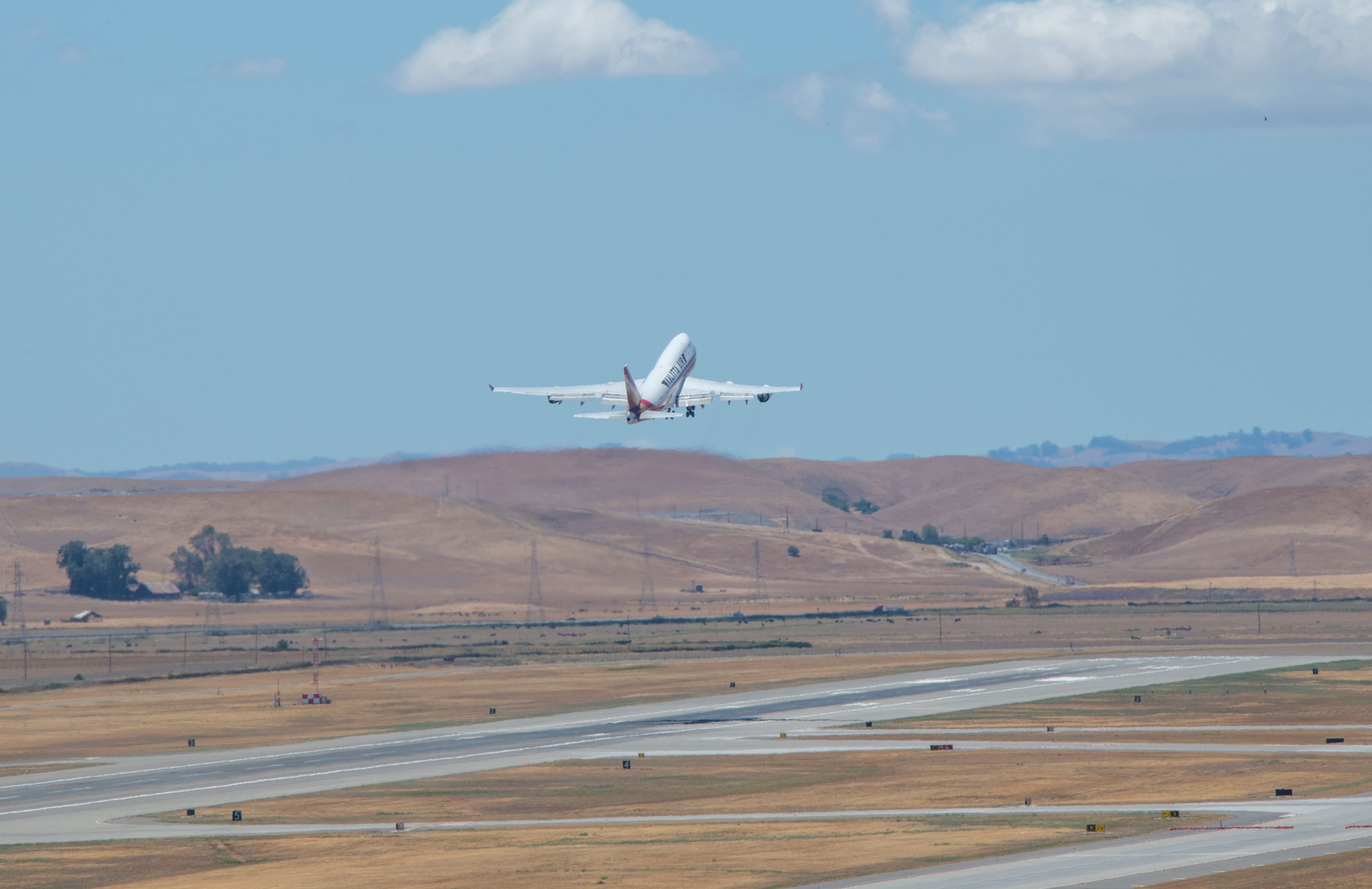 A Kalitta 747 takes off from the flight line June 8, 2021, at Travis Air Force Base, California.