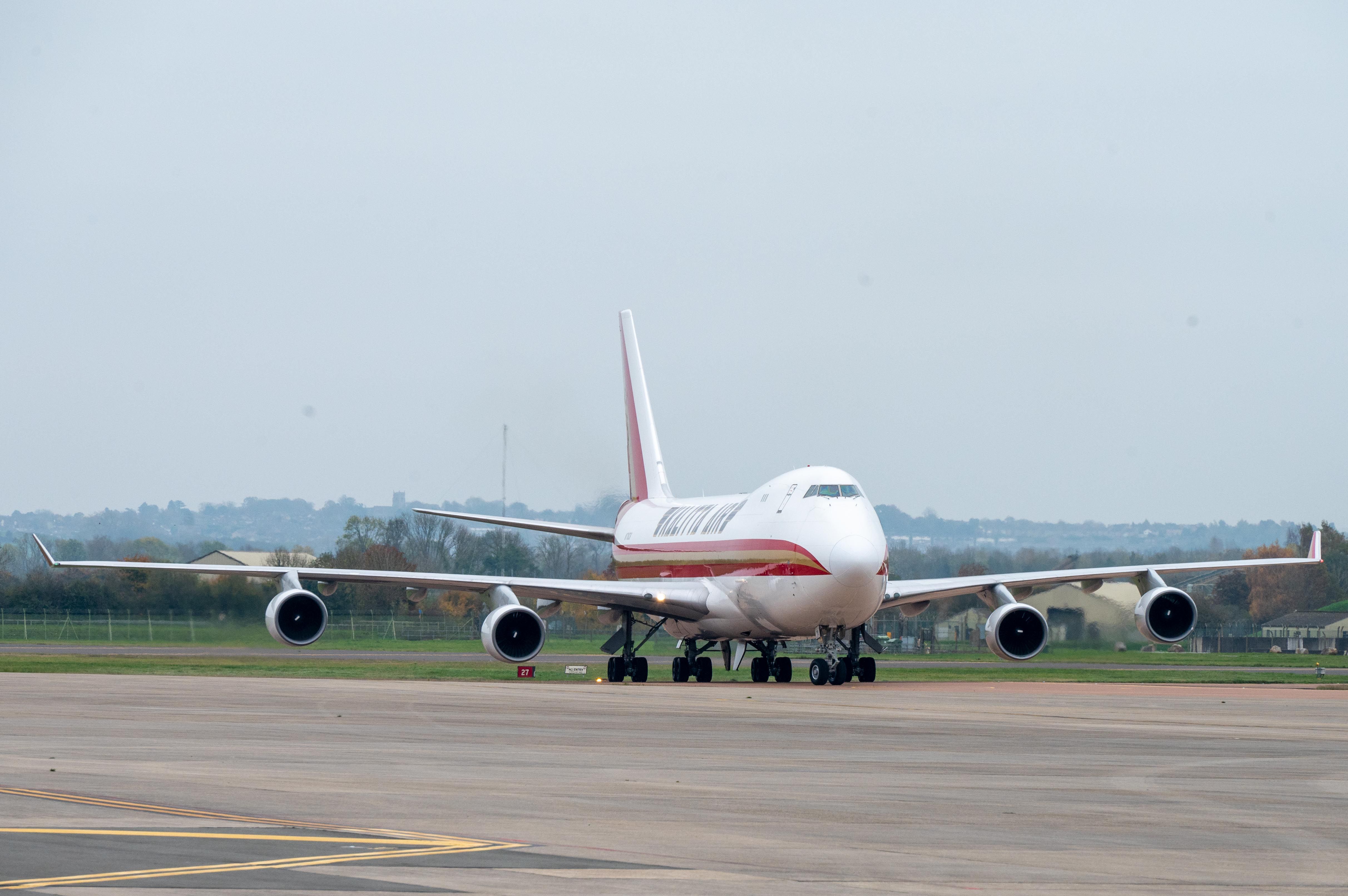 A Kalitta Air Boeing 747 taxis down the flightline at RAF Fairford, England, Nov. 1, 2024. The arrival marks the first cargo movement in support of Bomber Task Force Europe 25-1, Nov 2024.