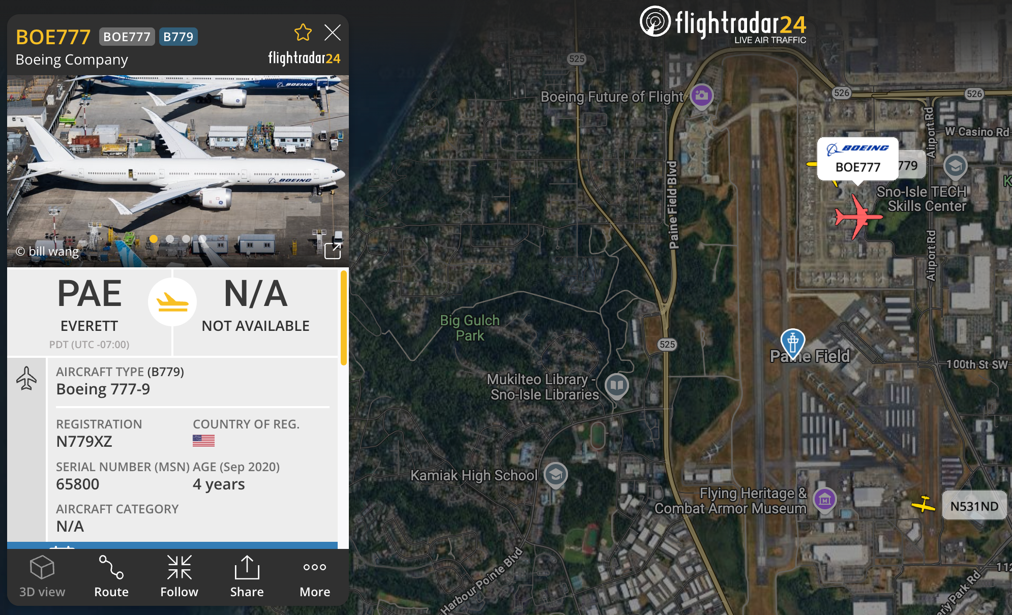 Boeing 777-9, WH004, active on the radar