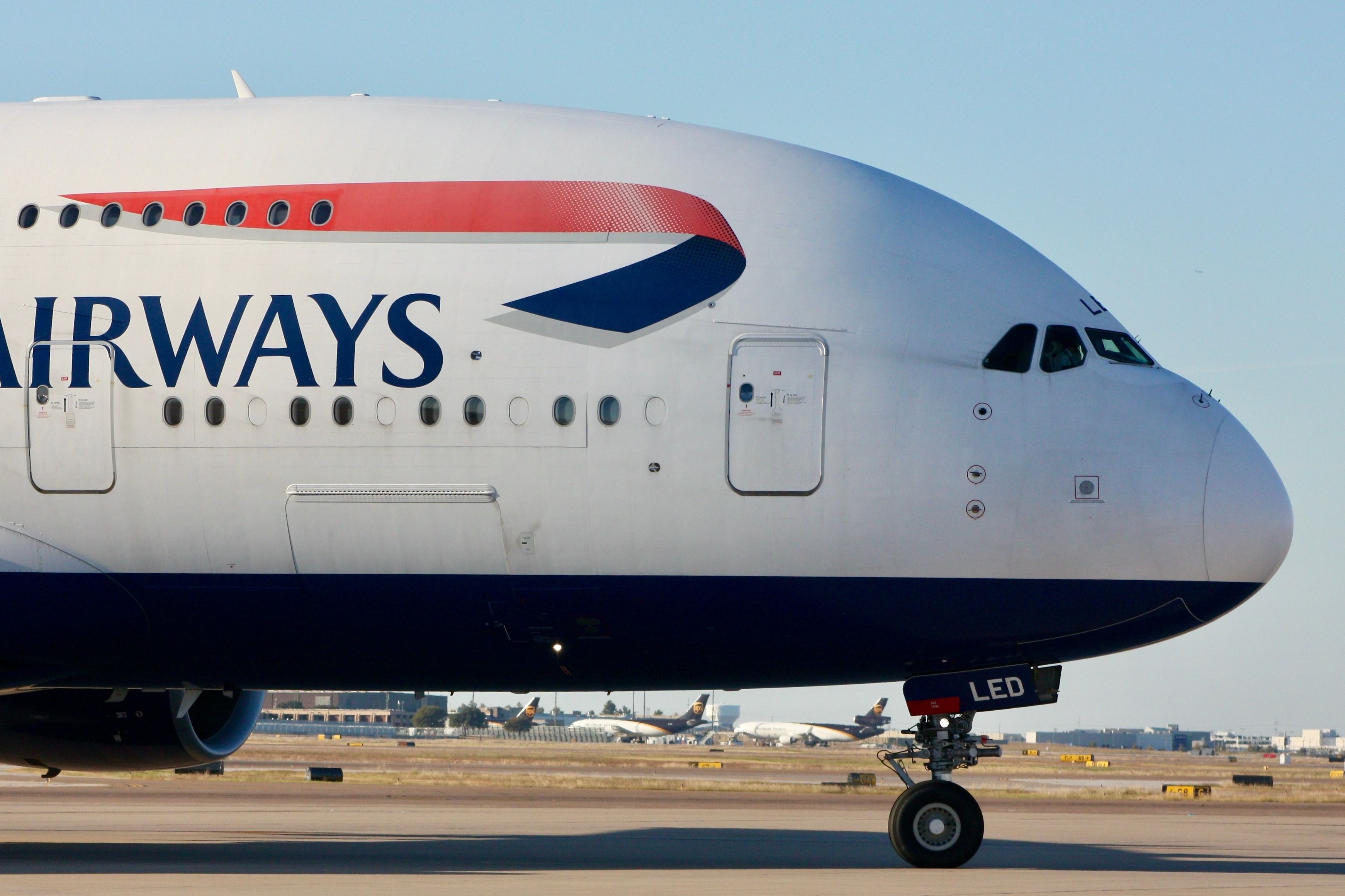 British Airways Airbus A380 at DFW shutterstock_2540189481