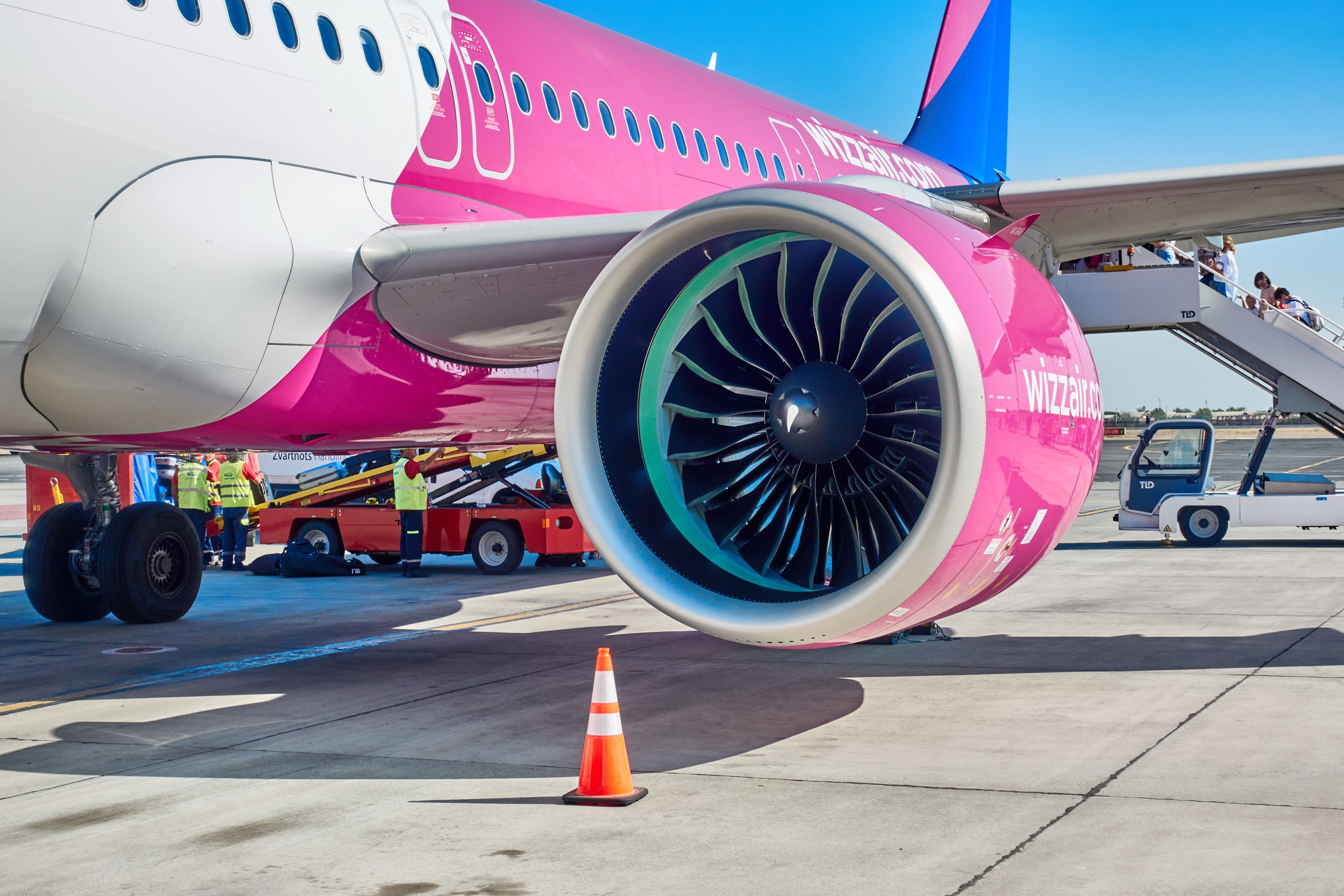 Close-up of Wizz Air Airbus A321neo Pratt & Whitney PW1100G engine shutterstock_2500859659