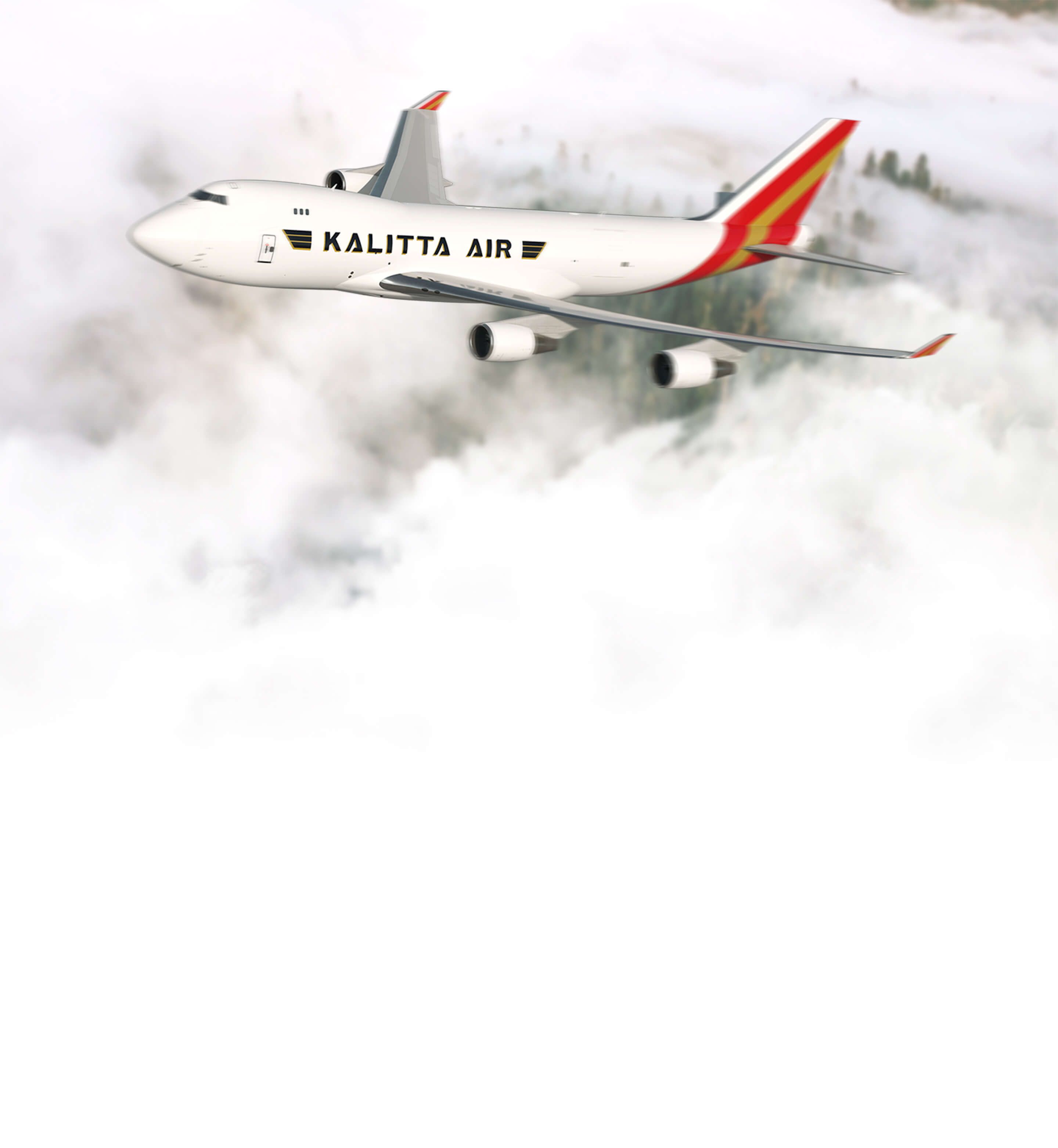 Kalitta Air 747 freighter in flight, stylized PR photo.